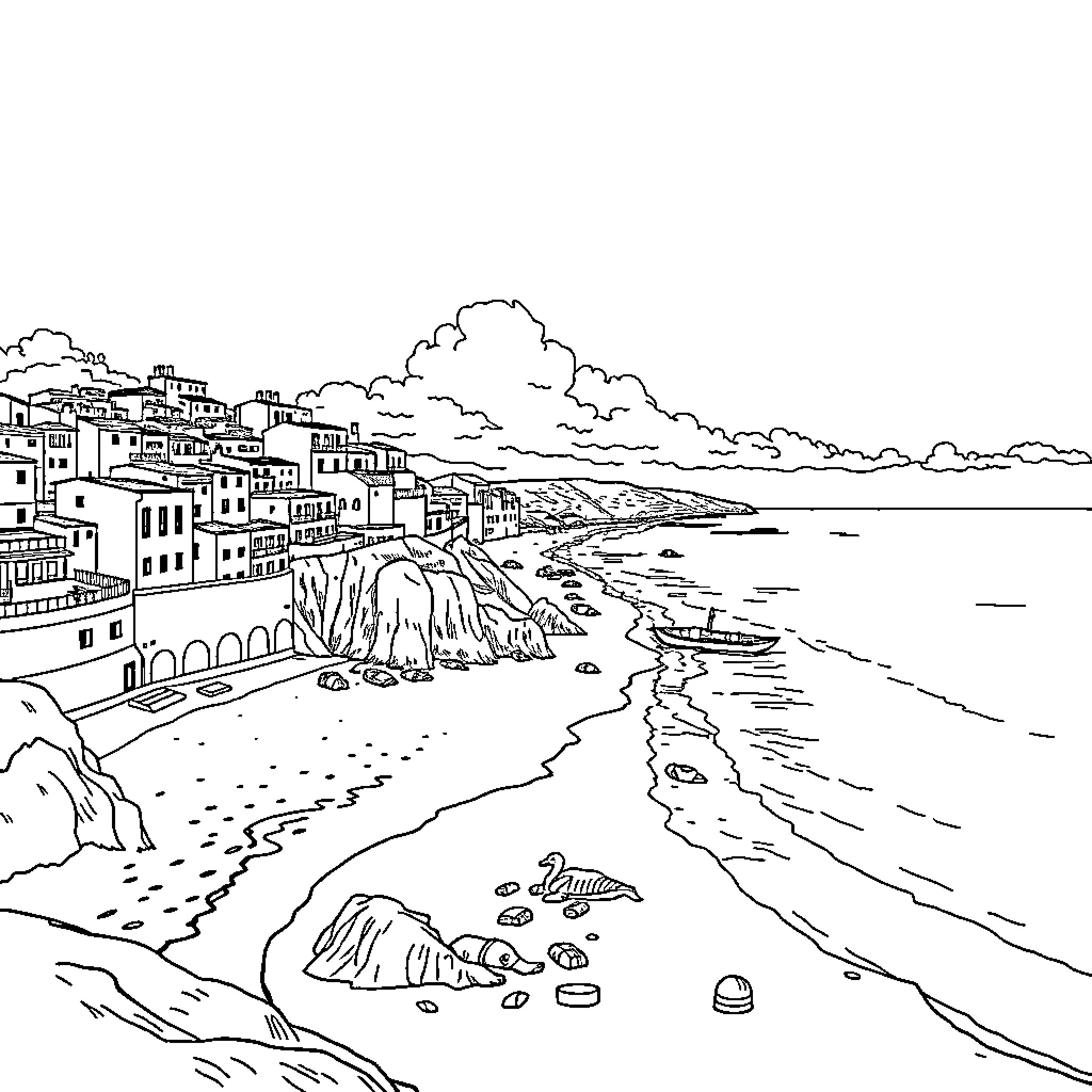 Cap d'Agde: Coastal town with scenic beaches and buildings Coloring Page (free black-and-white line drawing printable PDF for all, from beginners to advanced learners, including children, teens, adults, and seniors)