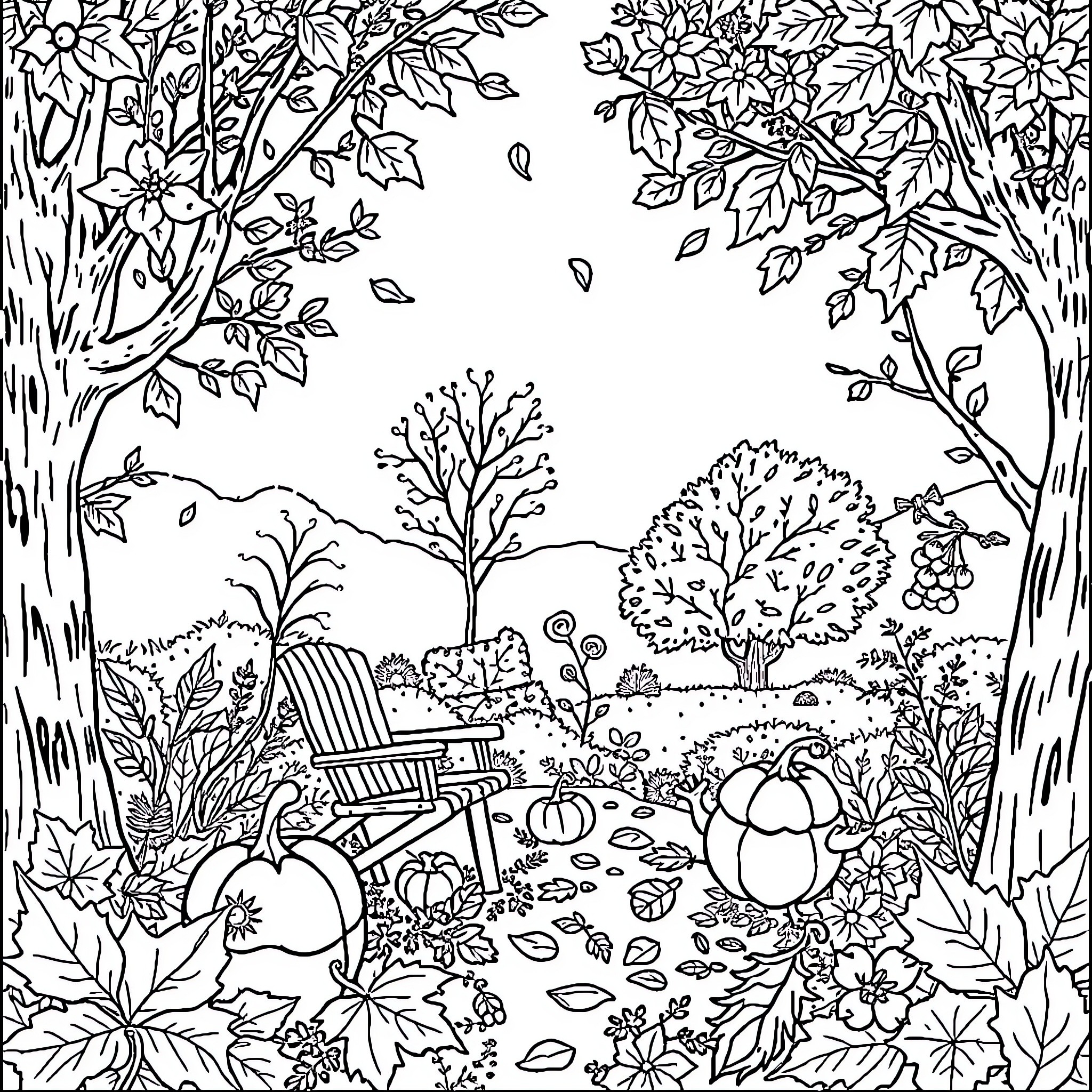 Autumn Nelson's Cozy Autumn Garden Scene Coloring Page (free black-and-white line drawing printable PDF for all, from beginners to advanced learners, including children, teens, adults, and seniors)