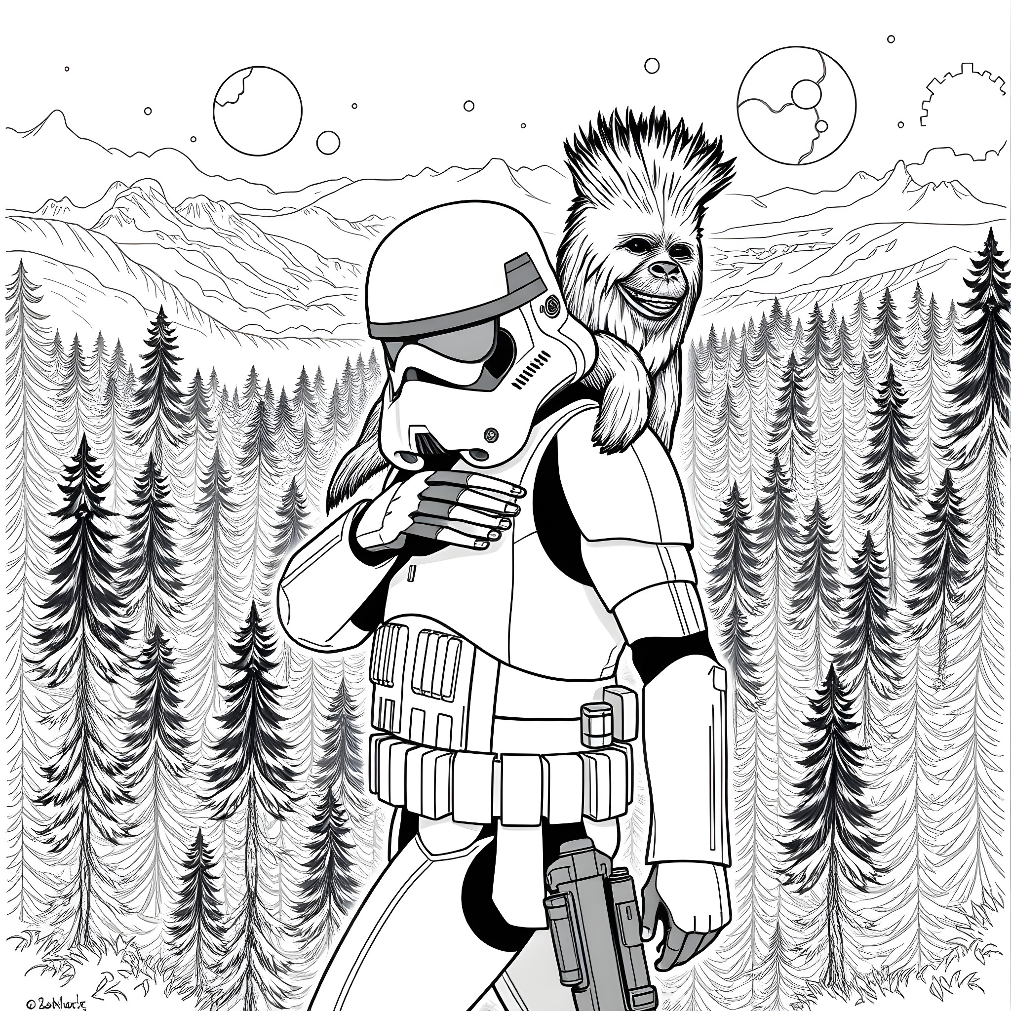 Stormtrooper with Chewbacca in Snowy Wilderness Coloring Page (free black-and-white line drawing printable PDF for all, from beginners to advanced learners, including children, teens, adults, and seniors)