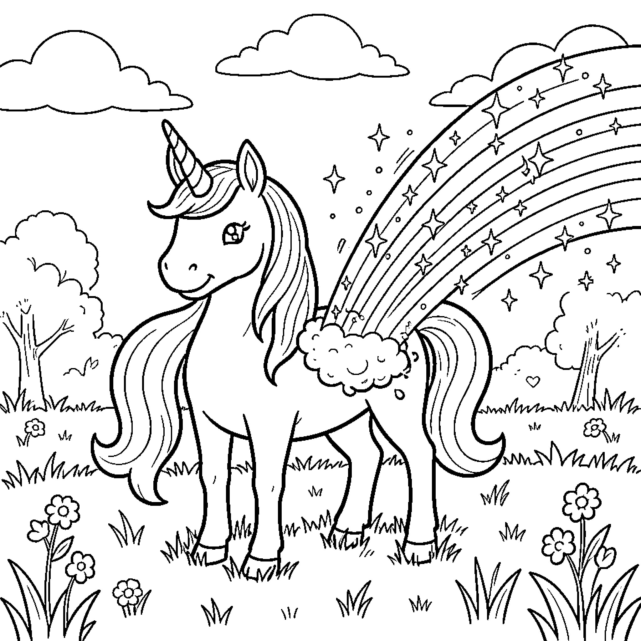 Unicorn frolicking in a magical landscape Coloring Page (free black-and-white line drawing printable PDF for all, from beginners to advanced learners, including children, teens, adults, and seniors)