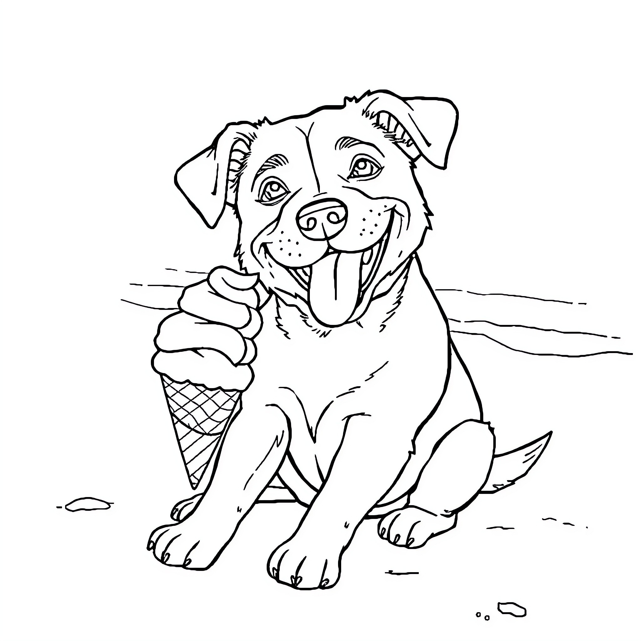 Dog enjoying an ice cream treat on the beach Coloring Page (free black-and-white line drawing printable PDF for all, from beginners to advanced learners, including children, teens, adults, and seniors)