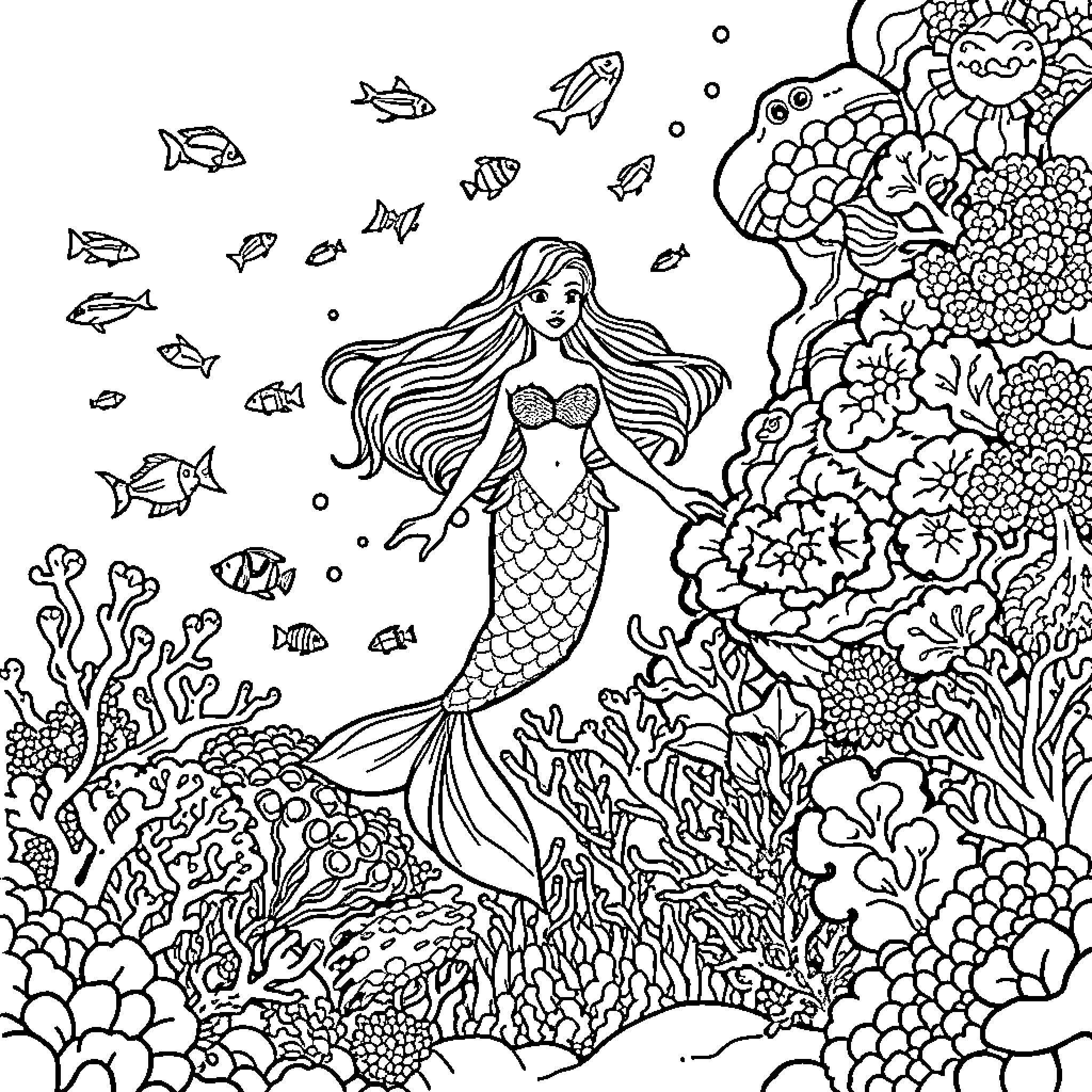 Mermaid swimming among vibrant sea creatures and coral Coloring Page (free black-and-white line drawing printable PDF for all, from beginners to advanced learners, including children, teens, adults, and seniors)