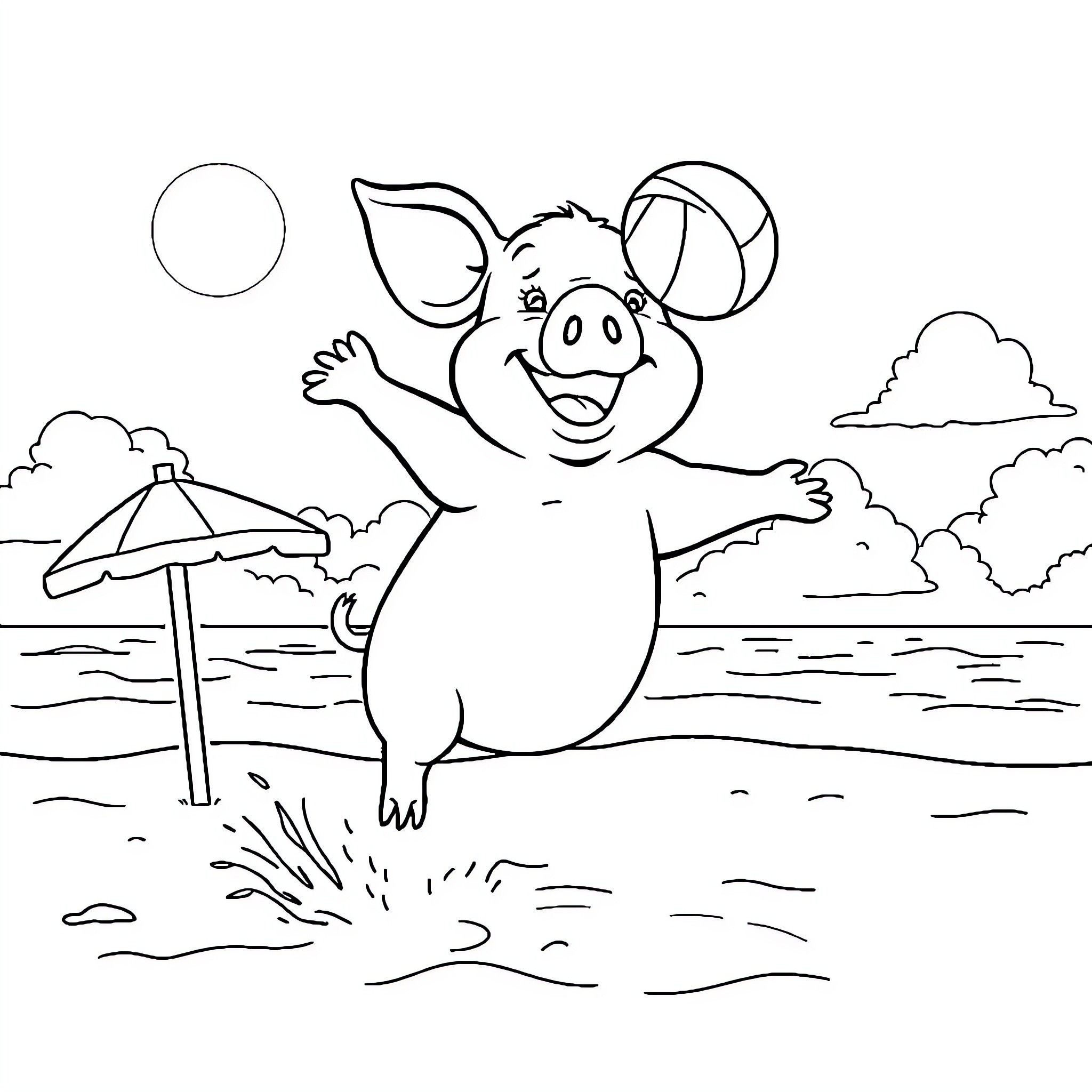 Pig splashing joyfully in the beach scene Coloring Page (free black-and-white line drawing printable PDF for all, from beginners to advanced learners, including children, teens, adults, and seniors)
