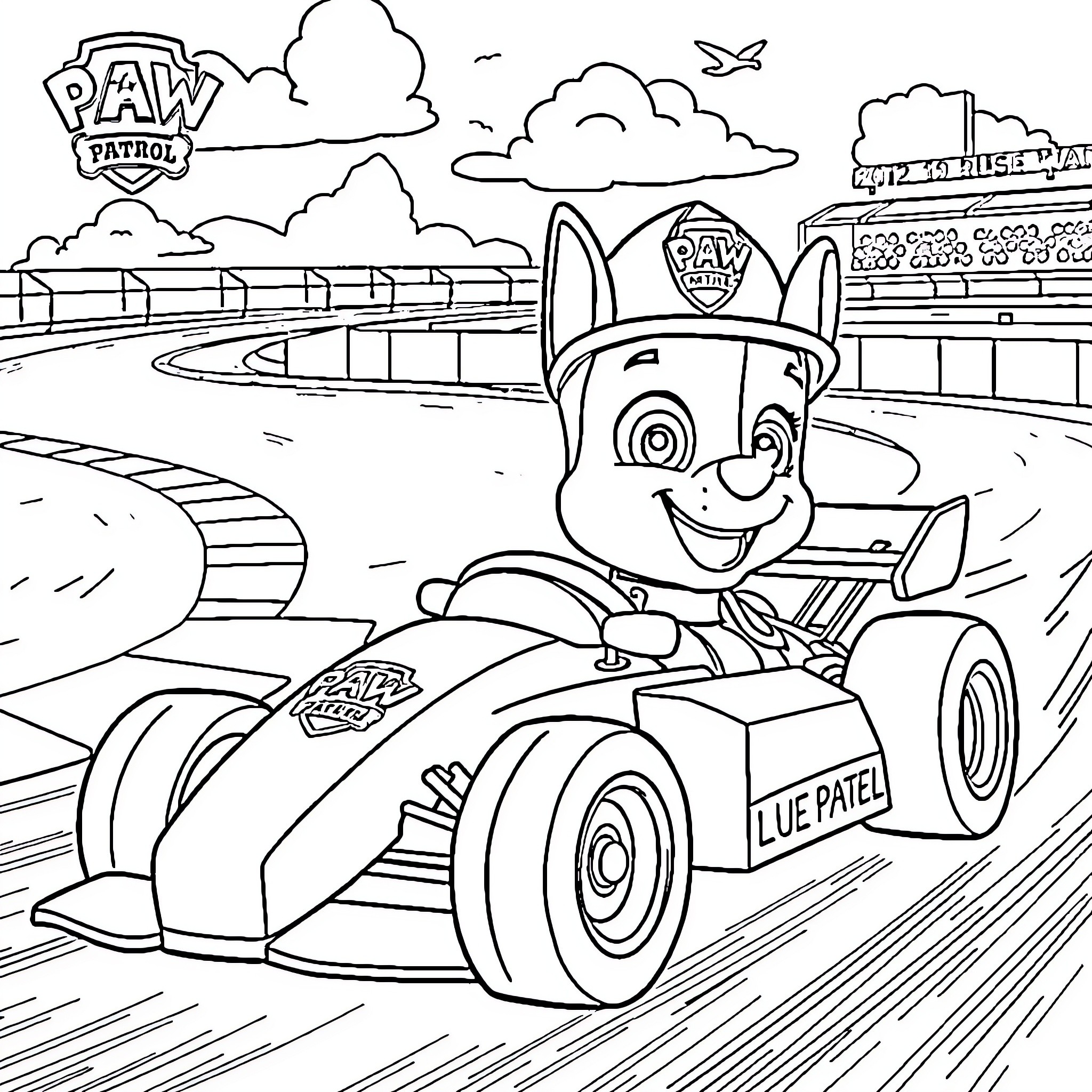 Chase through the Paw Patrol race track Coloring Page (free black-and-white line drawing printable PDF for all, from beginners to advanced learners, including children, teens, adults, and seniors)