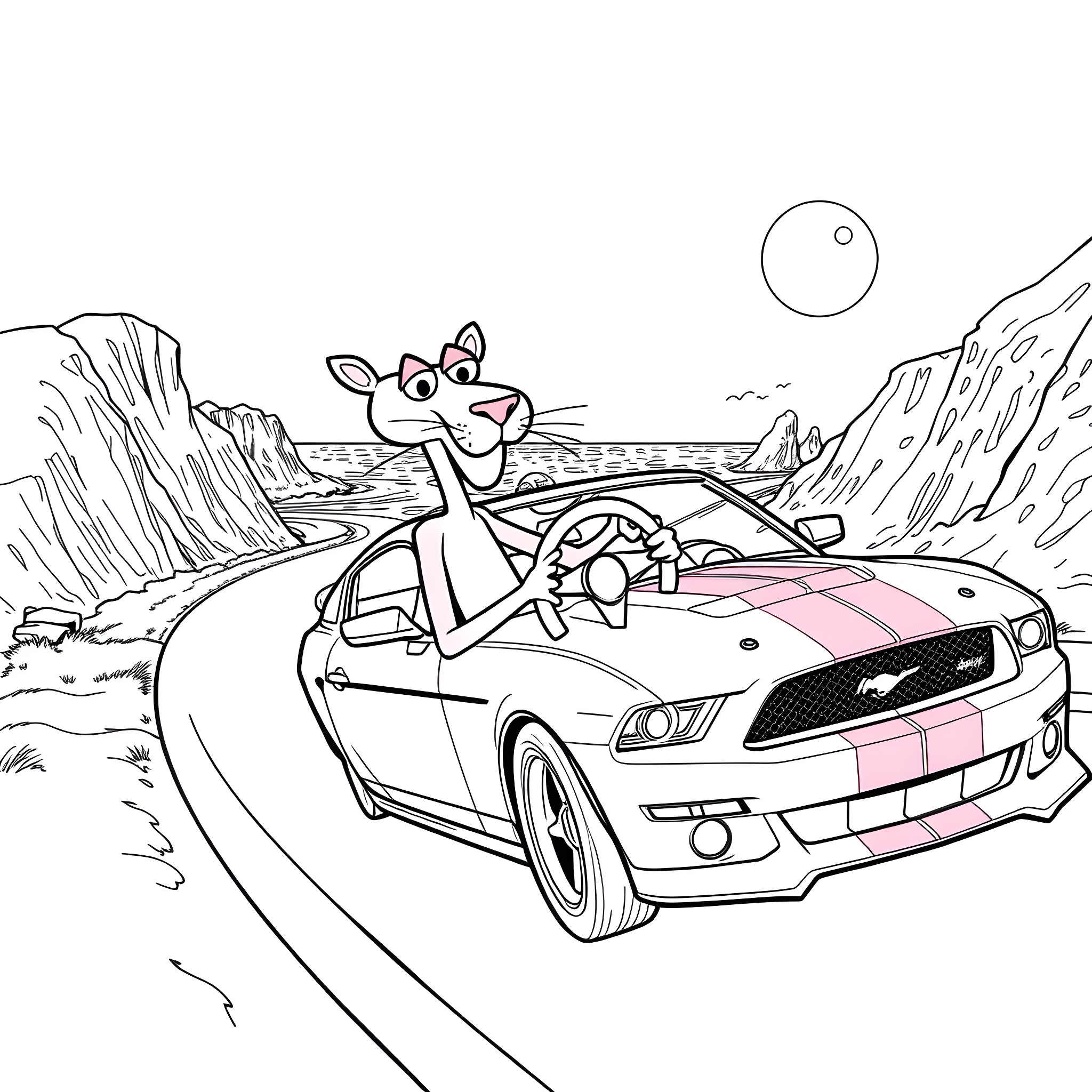 Pink Panther's Thrilling Drive in a Mustang Coloring Page (free black-and-white line drawing printable PDF for all, from beginners to advanced learners, including children, teens, adults, and seniors)