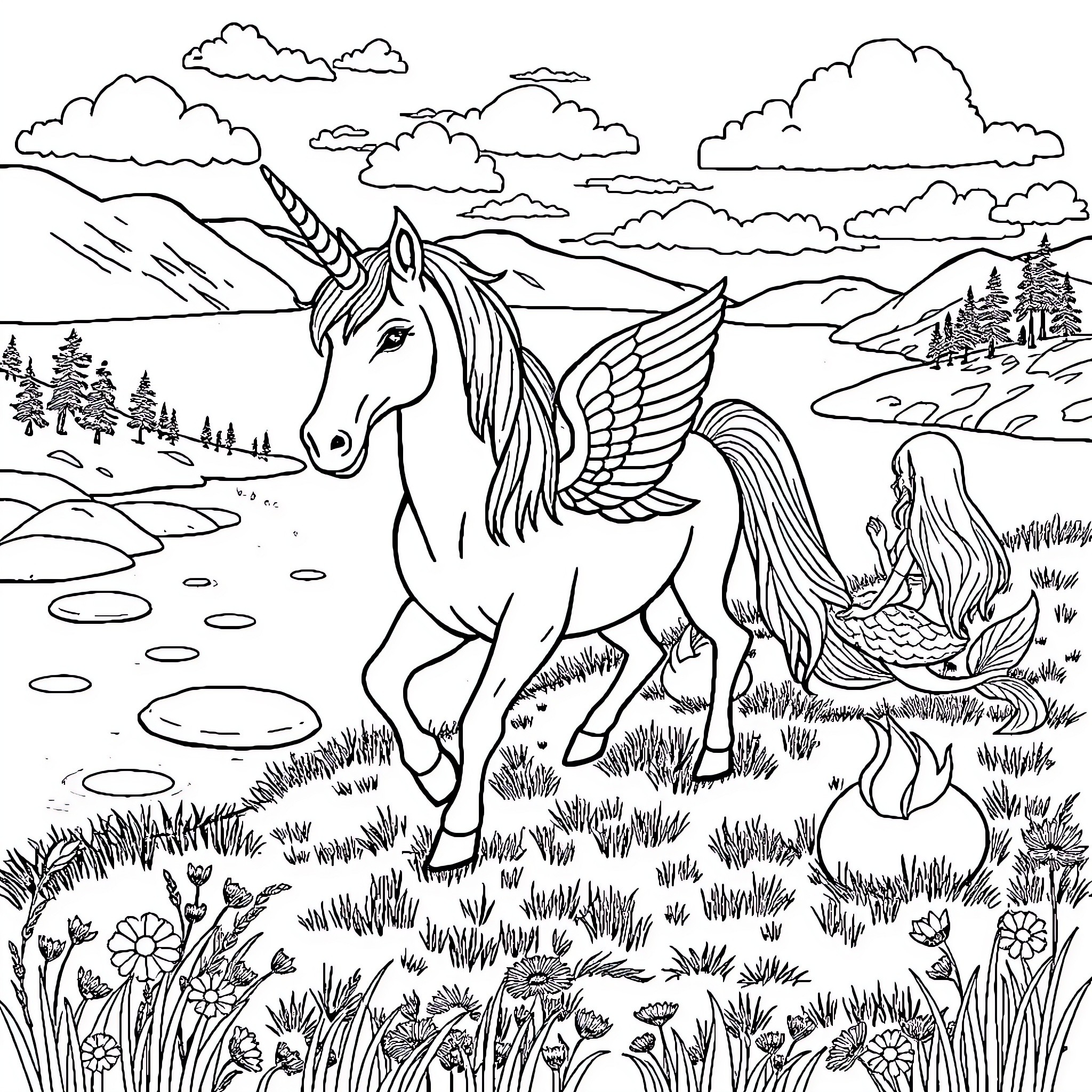 Alicorn Soaring Through Enchanted Landscape Coloring Page (free black-and-white line drawing printable PDF for all, from beginners to advanced learners, including children, teens, adults, and seniors)