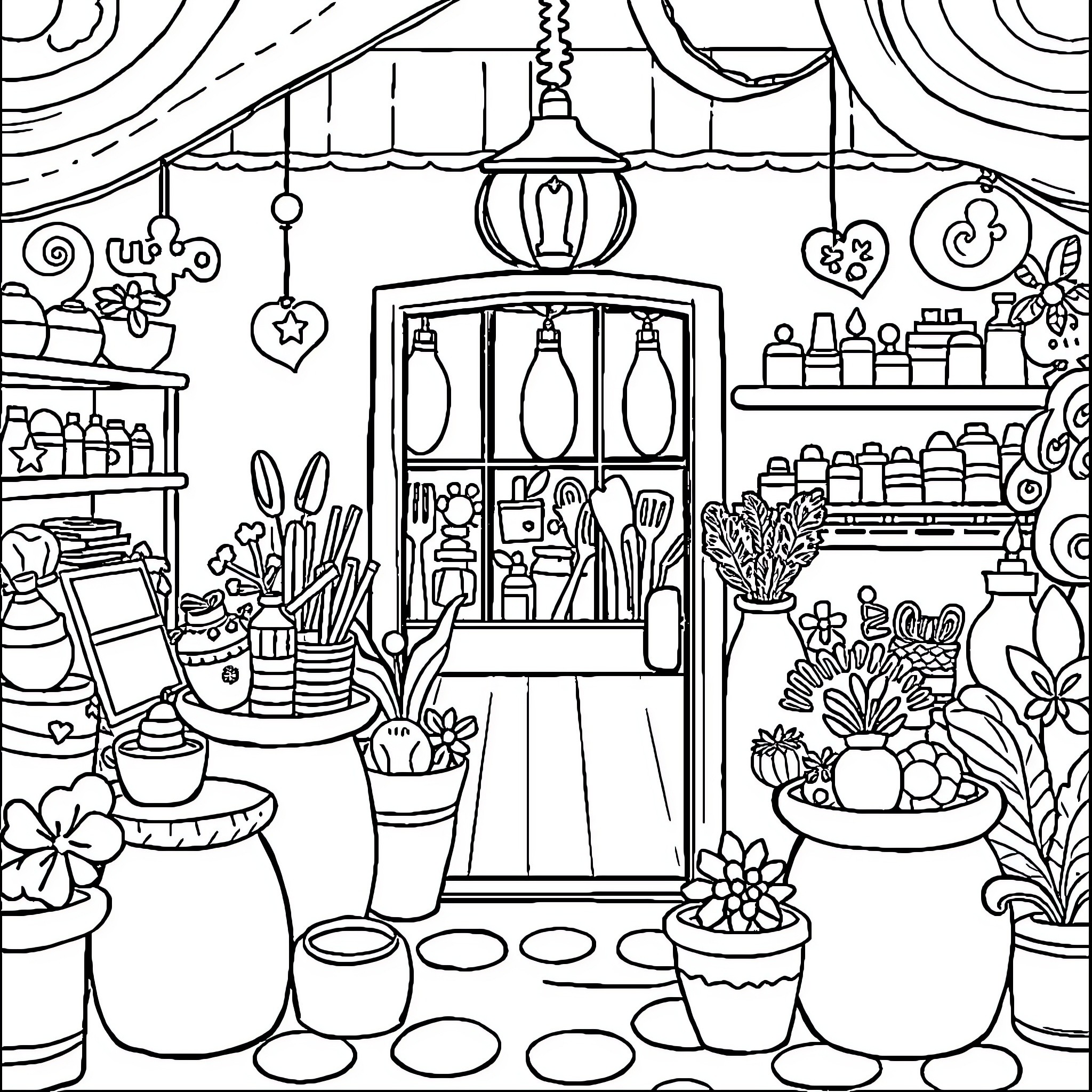 Gabby's Whimsical Craft Room Coloring Page (free black-and-white line drawing printable PDF for all, from beginners to advanced learners, including children, teens, adults, and seniors)