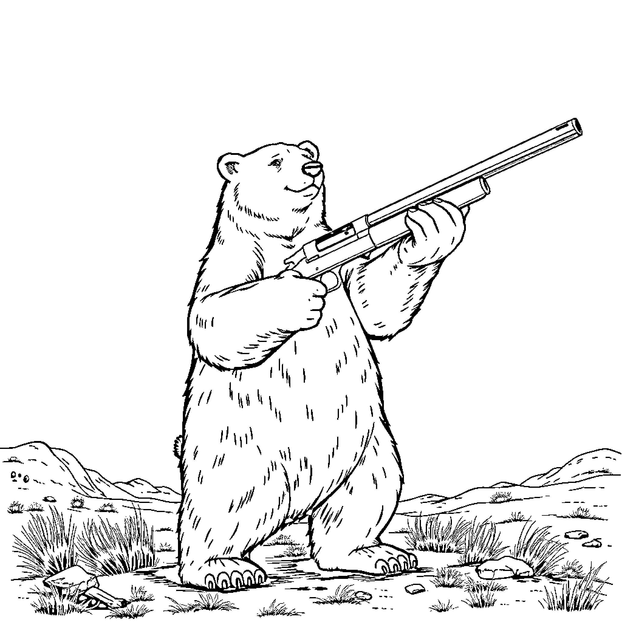 Polar Bear holding a rifle in the wilderness Coloring Page (free black-and-white line drawing printable PDF for all, from beginners to advanced learners, including children, teens, adults, and seniors)