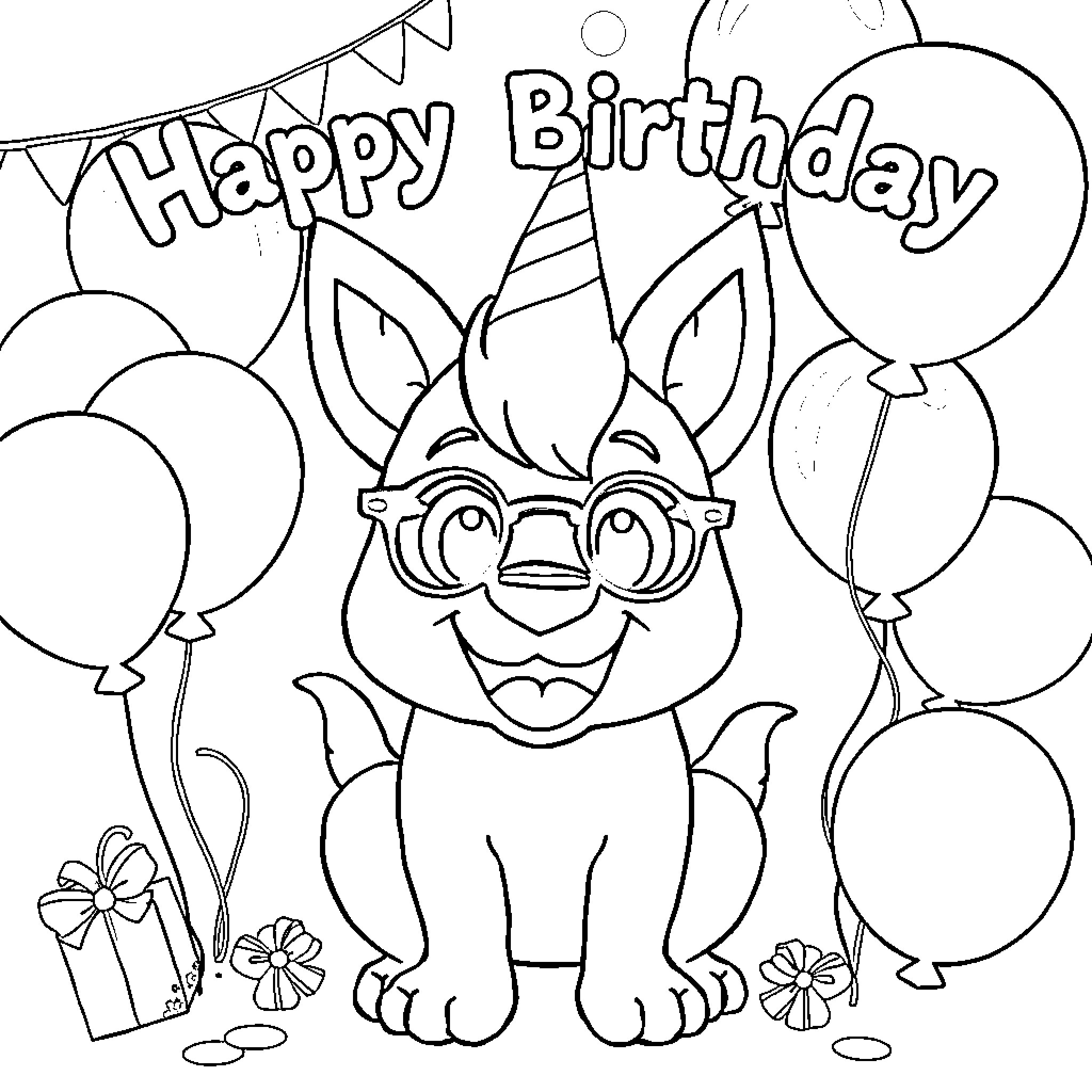 Huntrix Celebrates Birthday with Balloons Coloring Page (free black-and-white line drawing printable PDF for all, from beginners to advanced learners, including children, teens, adults, and seniors)