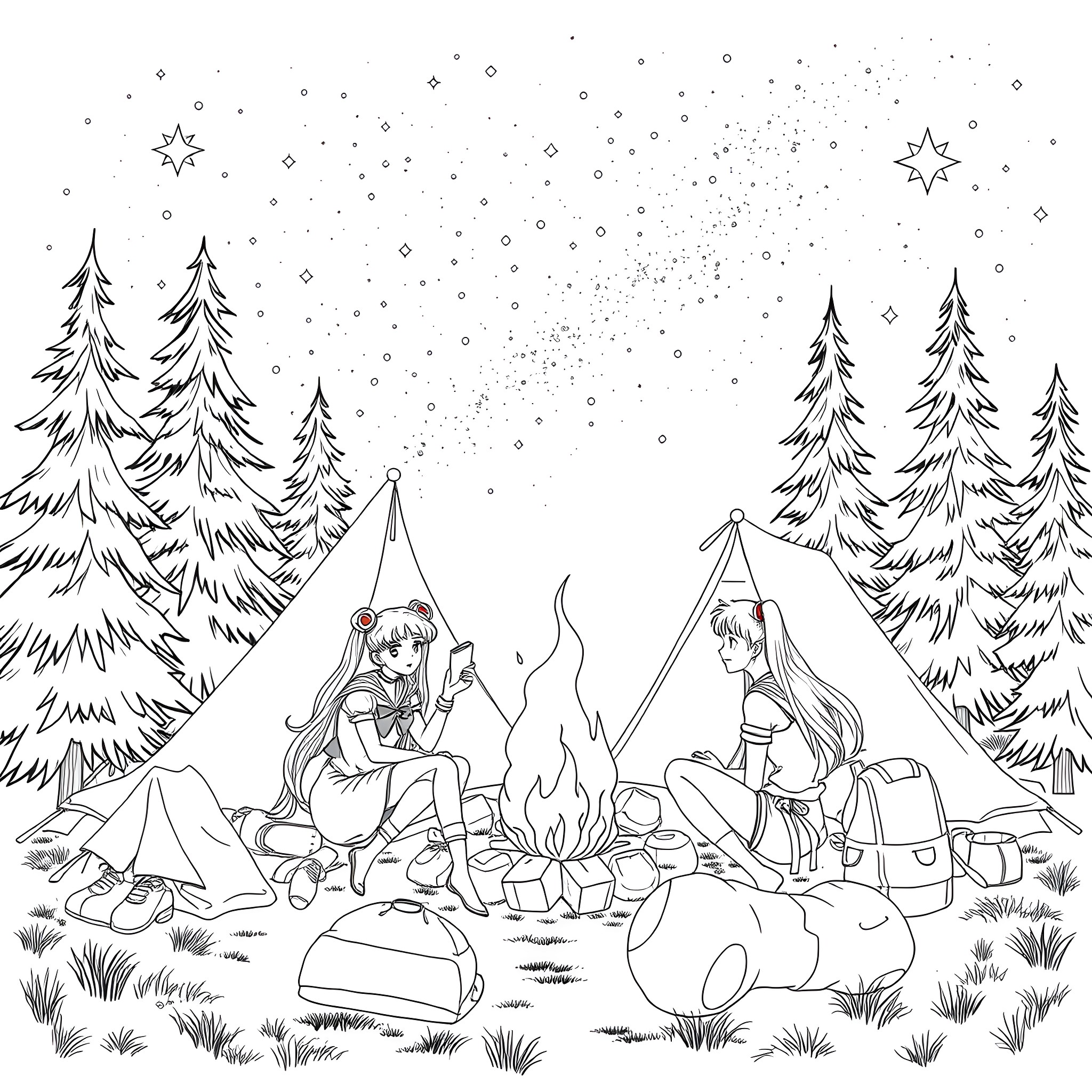 Sailor Moon Characters Camping in the Snowy Forest Coloring Page (free black-and-white line drawing printable PDF for all, from beginners to advanced learners, including children, teens, adults, and seniors)