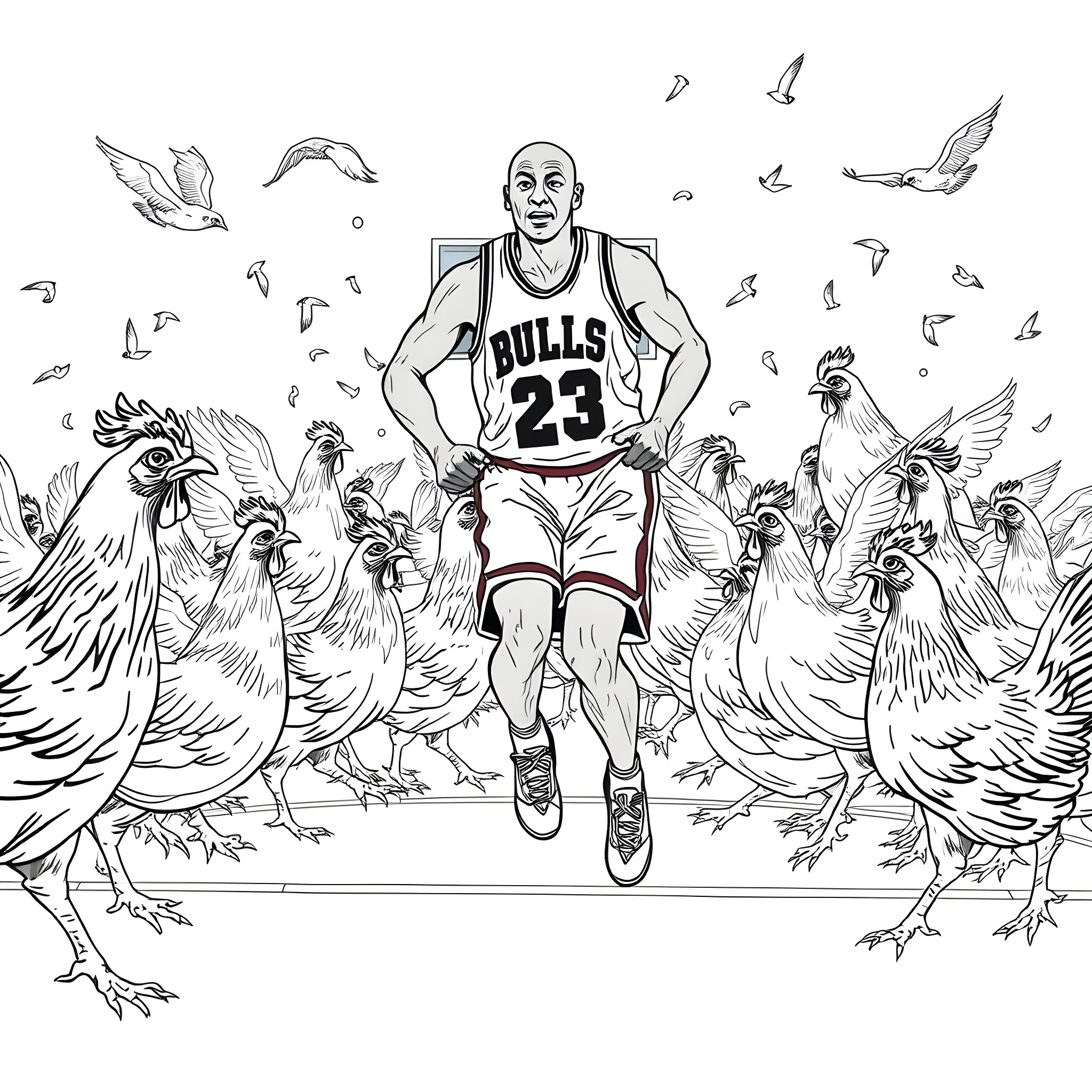 Chicken Player Surrounded by Chickens Coloring Page (free black-and-white line drawing printable PDF for all, from beginners to advanced learners, including children, teens, adults, and seniors)