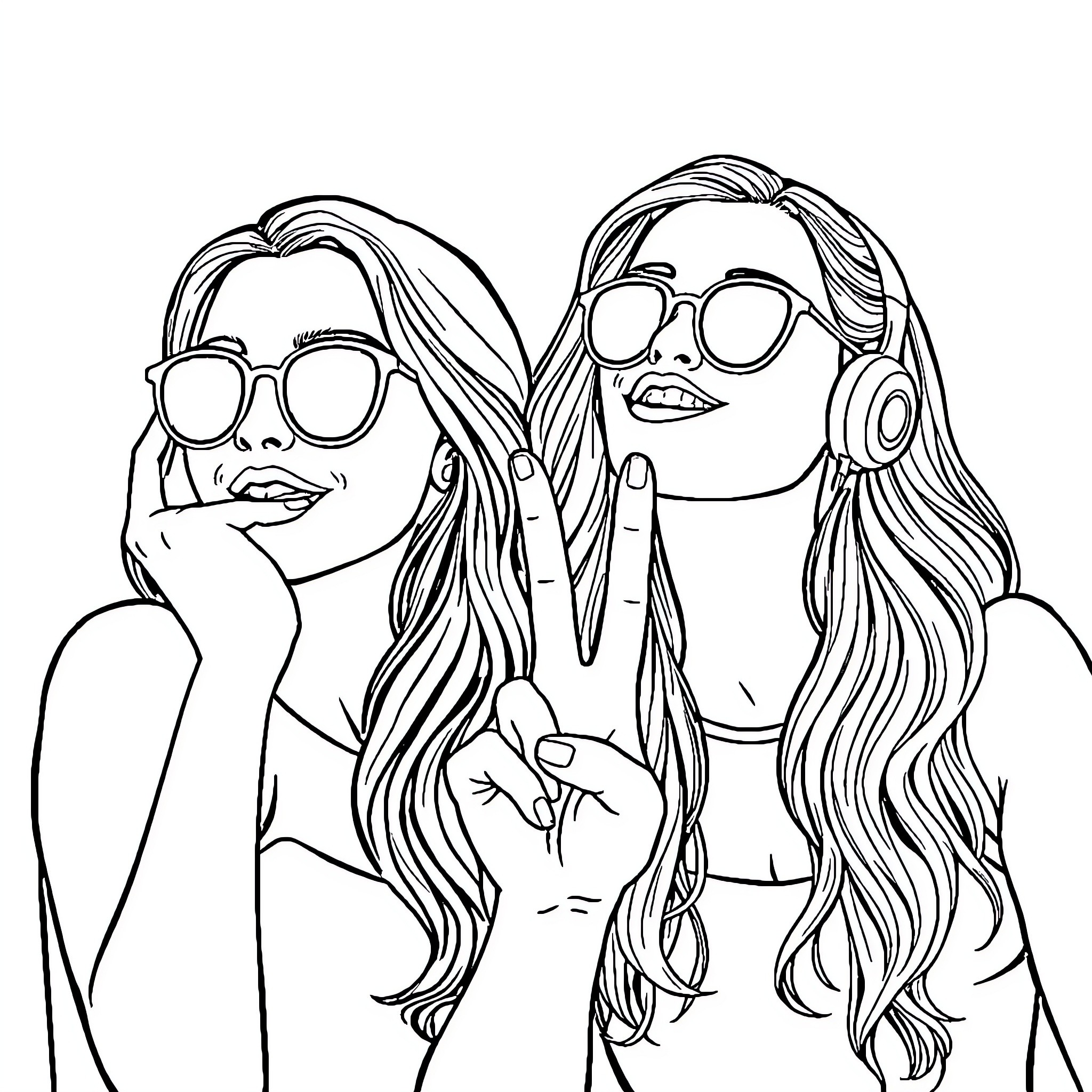 Chica friends showing peace sign with sunglasses Coloring Page (free black-and-white line drawing printable PDF for all, from beginners to advanced learners, including children, teens, adults, and seniors)