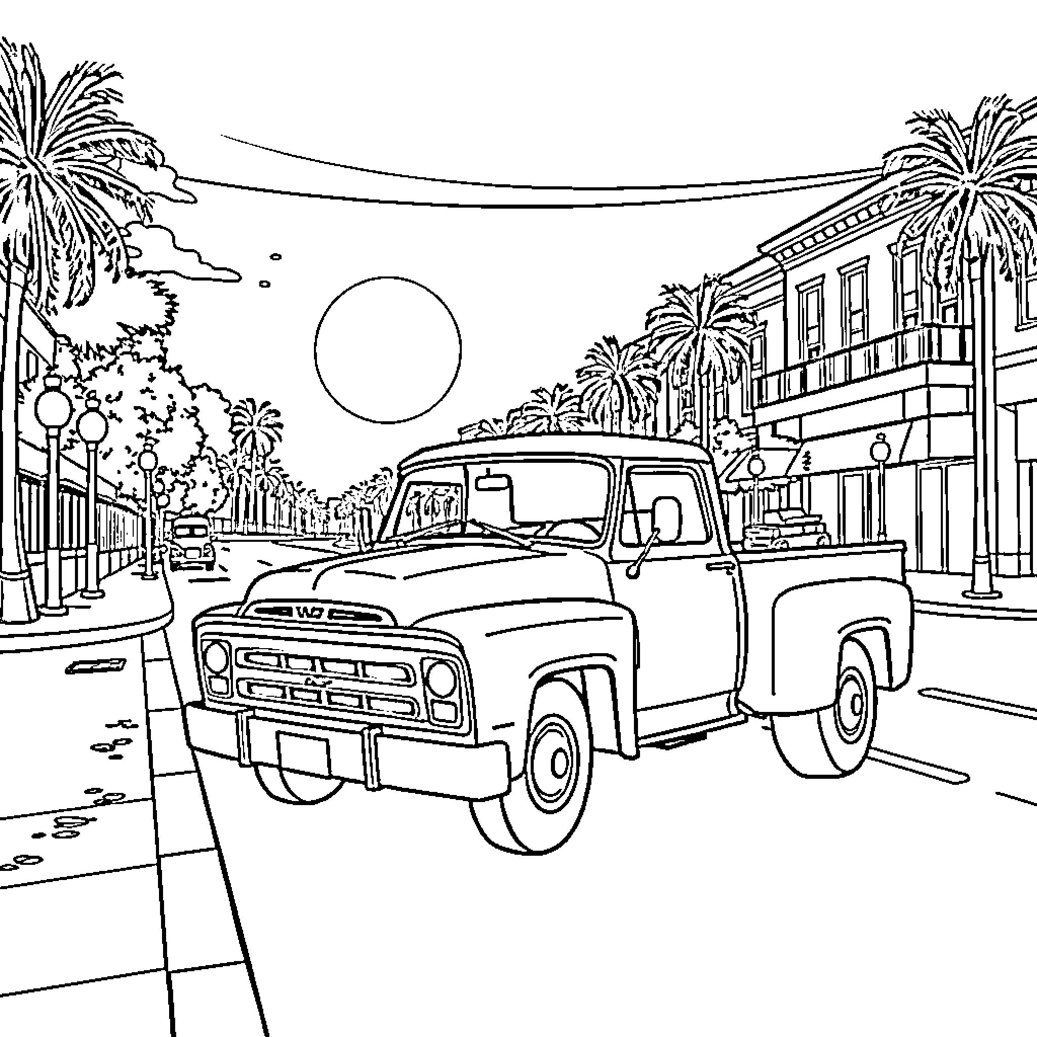 Truck on a city street with palm trees Coloring Page (free black-and-white line drawing printable PDF for all, from beginners to advanced learners, including children, teens, adults, and seniors)