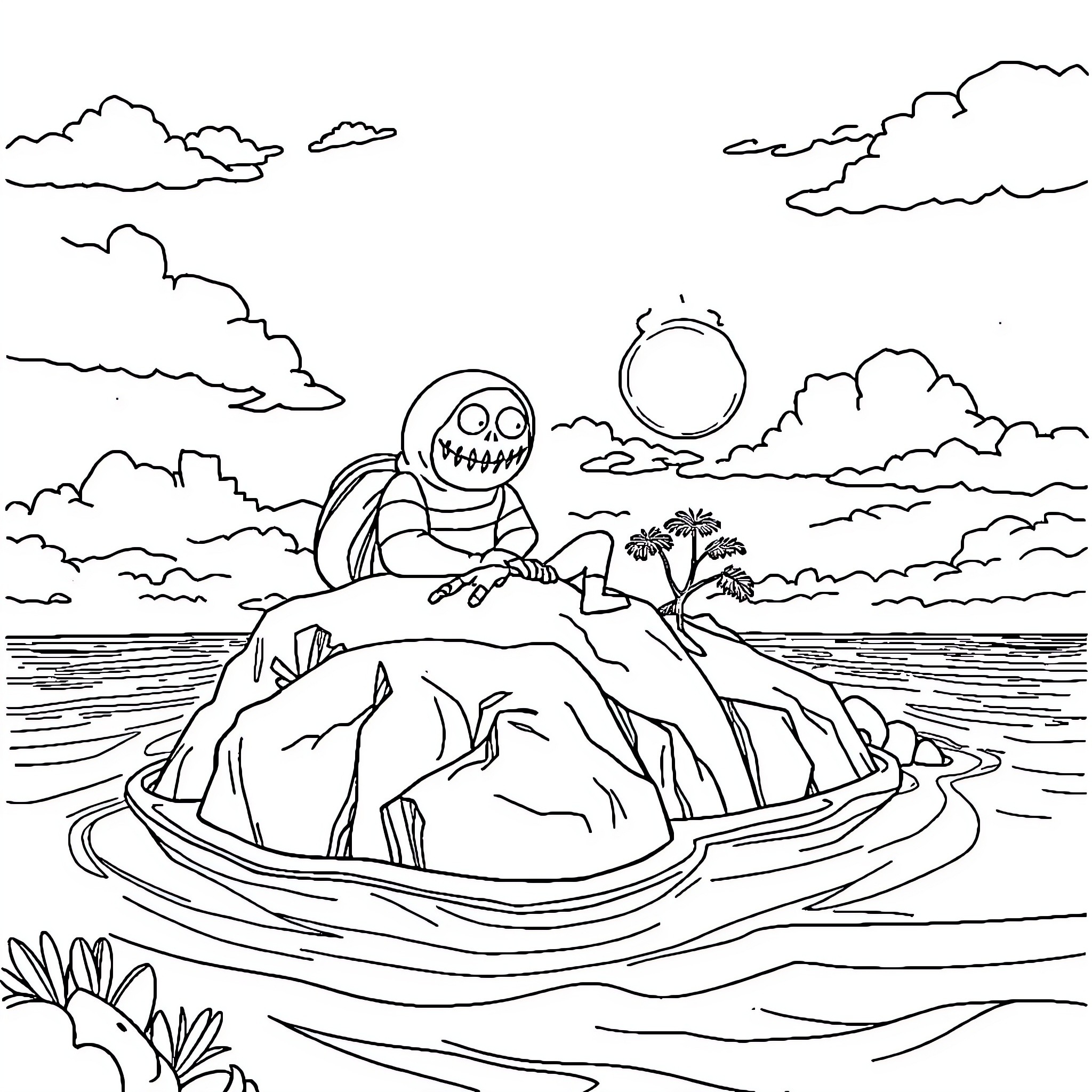 Seal relaxing on a floating island in a serene landscape Coloring Page (free black-and-white line drawing printable PDF for all, from beginners to advanced learners, including children, teens, adults, and seniors)