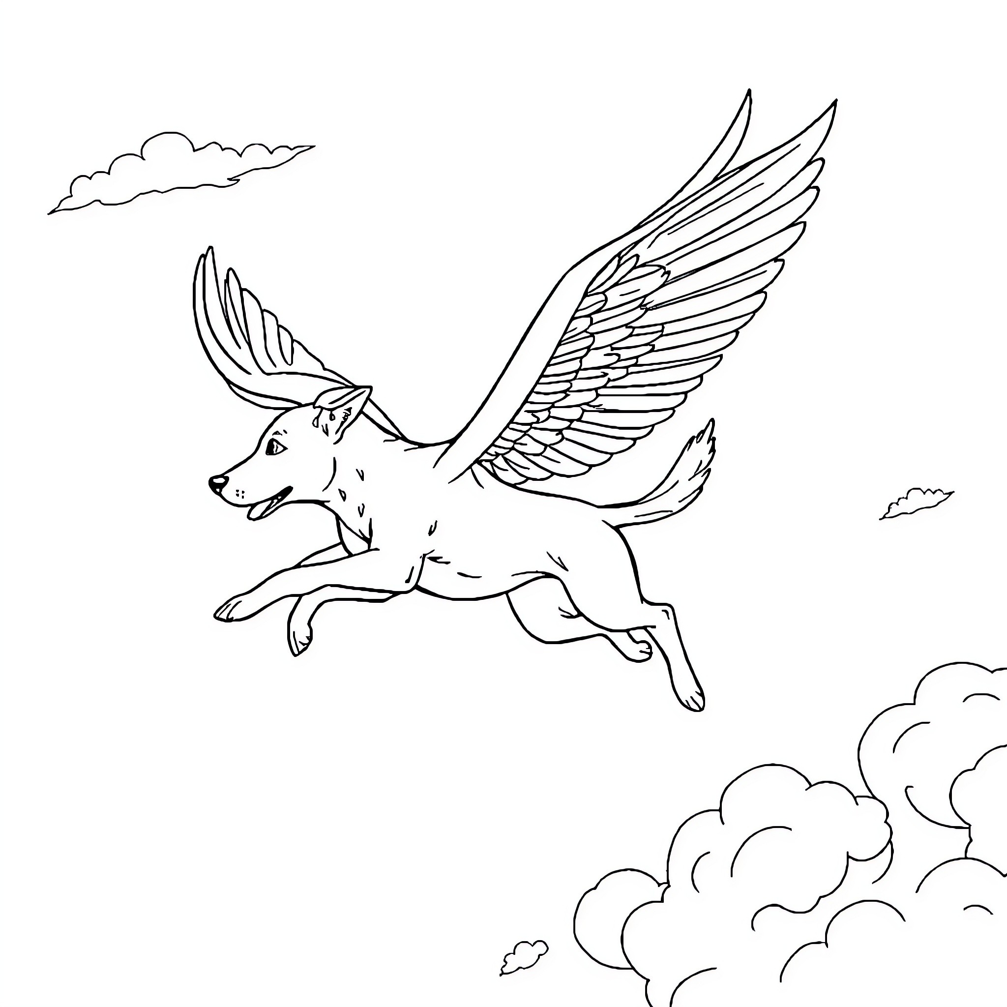Dog with wings soaring through the clouds Coloring Page (free black-and-white line drawing printable PDF for all, from beginners to advanced learners, including children, teens, adults, and seniors)