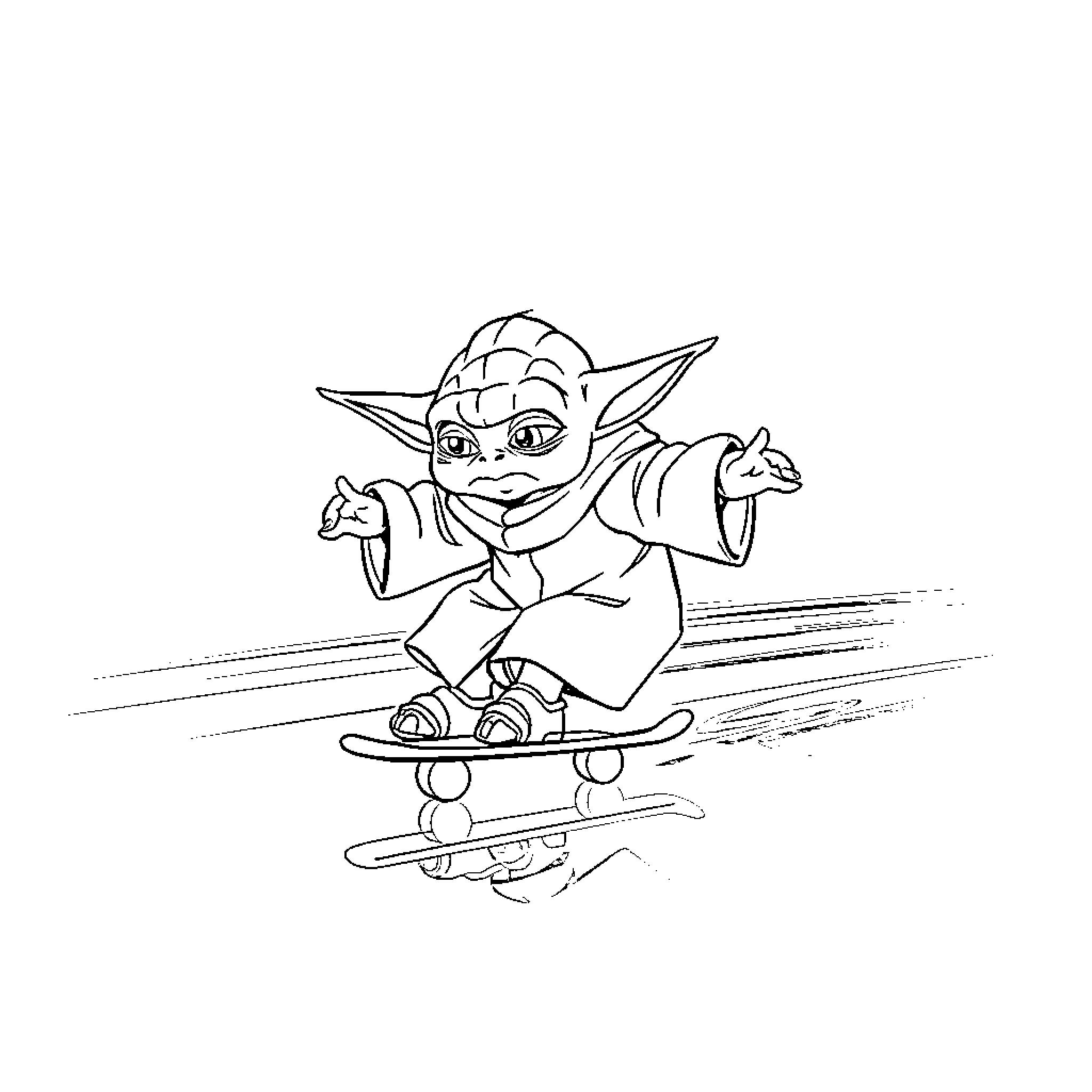 Yoda skateboarding with joyful expression Coloring Page (free black-and-white line drawing printable PDF for all, from beginners to advanced learners, including children, teens, adults, and seniors)