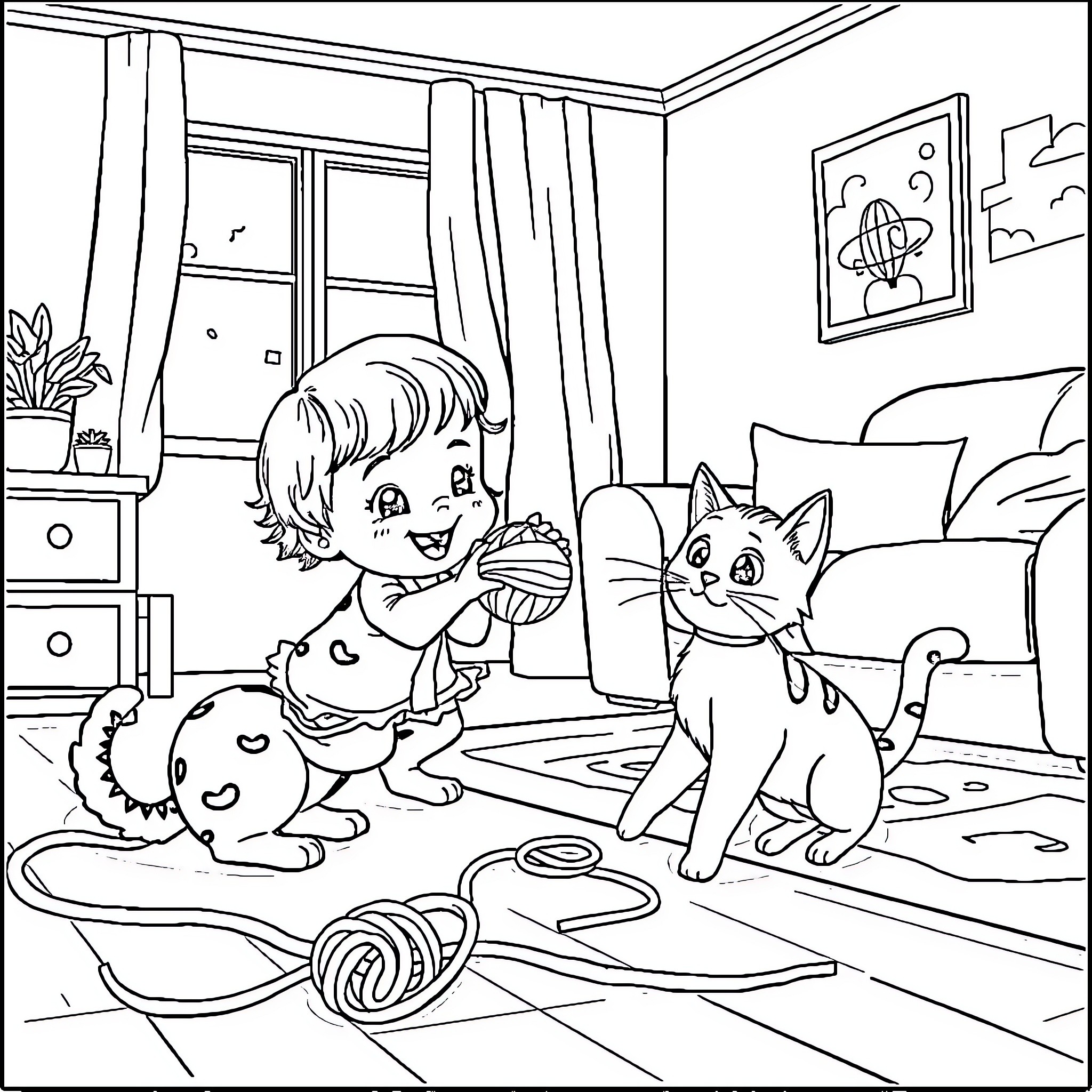 Gabby's Playful Afternoon with Furry Friends Coloring Page (free black-and-white line drawing printable PDF for all, from beginners to advanced learners, including children, teens, adults, and seniors)