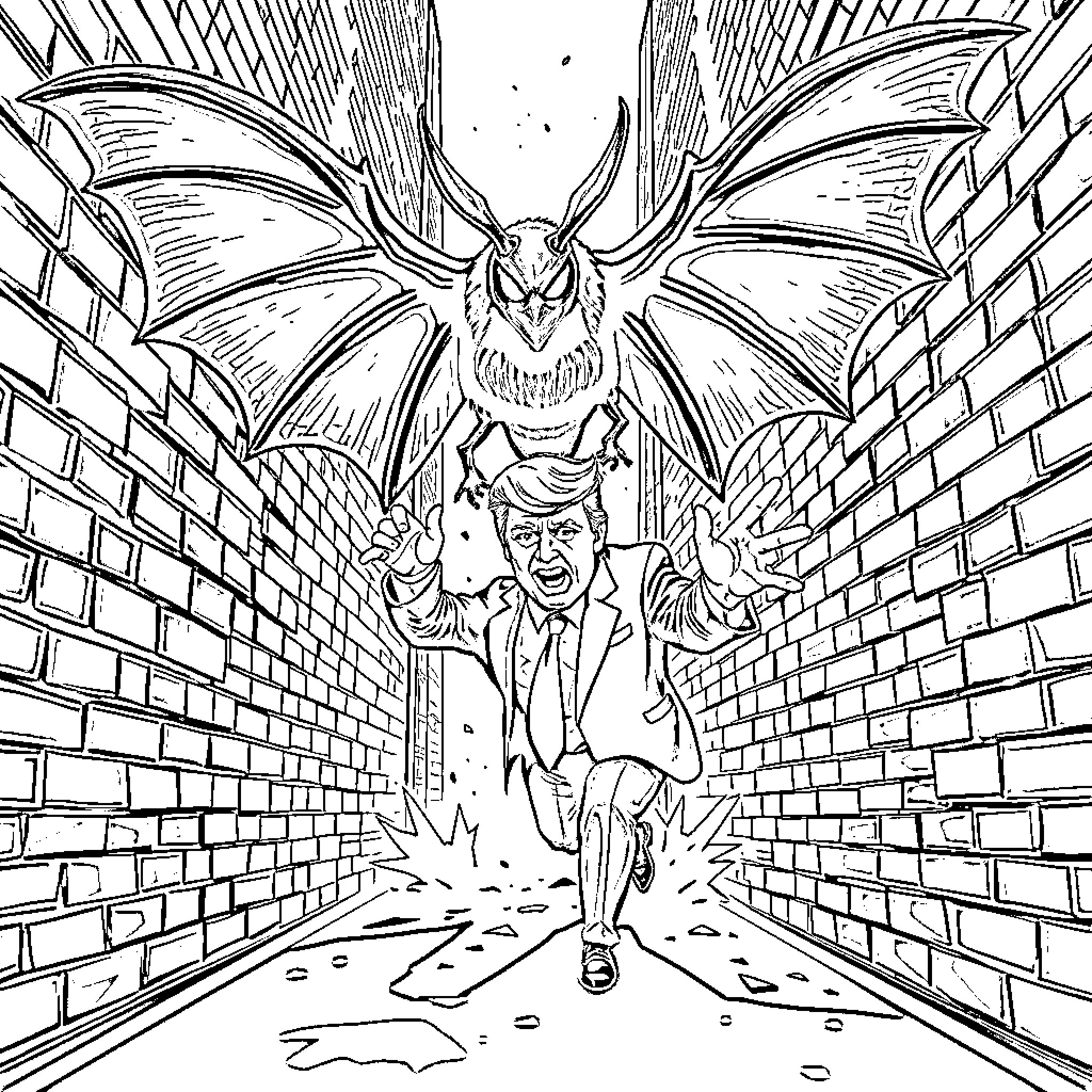 Mothman terrorizing a person in a dark alley Coloring Page (free black-and-white line drawing printable PDF for all, from beginners to advanced learners, including children, teens, adults, and seniors)