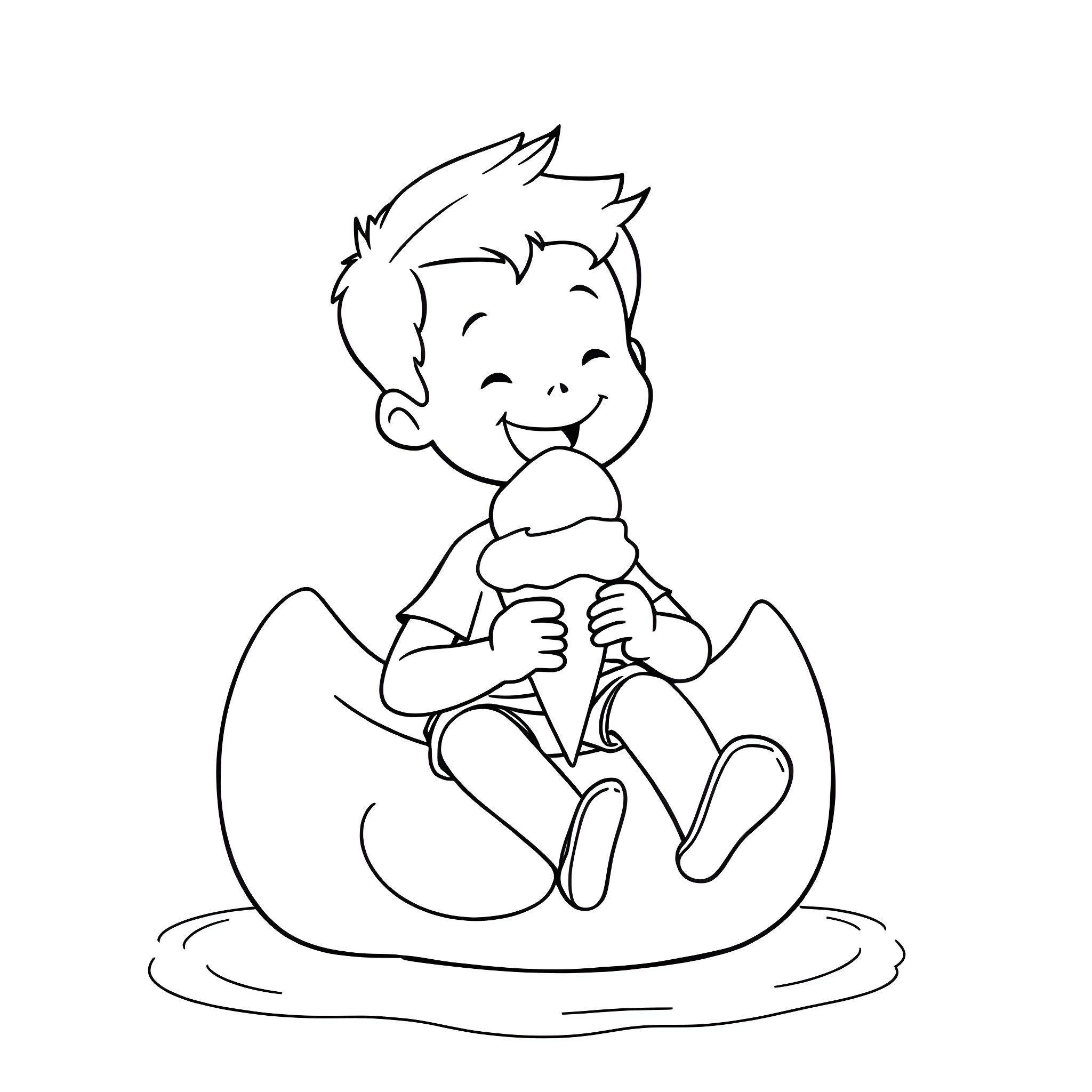 Boy playing happily inside a hatched egg Coloring Page (free black-and-white line drawing printable PDF for all, from beginners to advanced learners, including children, teens, adults, and seniors)