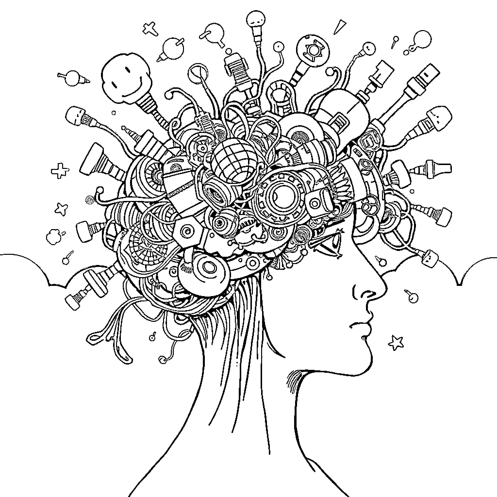 Brainrot: A Whimsical Mind's Explosion Coloring Page (free black-and-white line drawing printable PDF for all, from beginners to advanced learners, including children, teens, adults, and seniors)