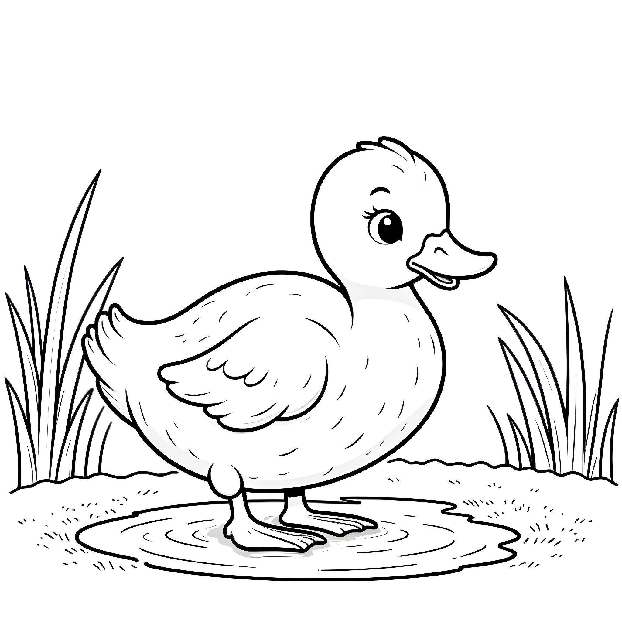 Duck exploring a pond with grass Coloring Page (free black-and-white line drawing printable PDF for all, from beginners to advanced learners, including children, teens, adults, and seniors)