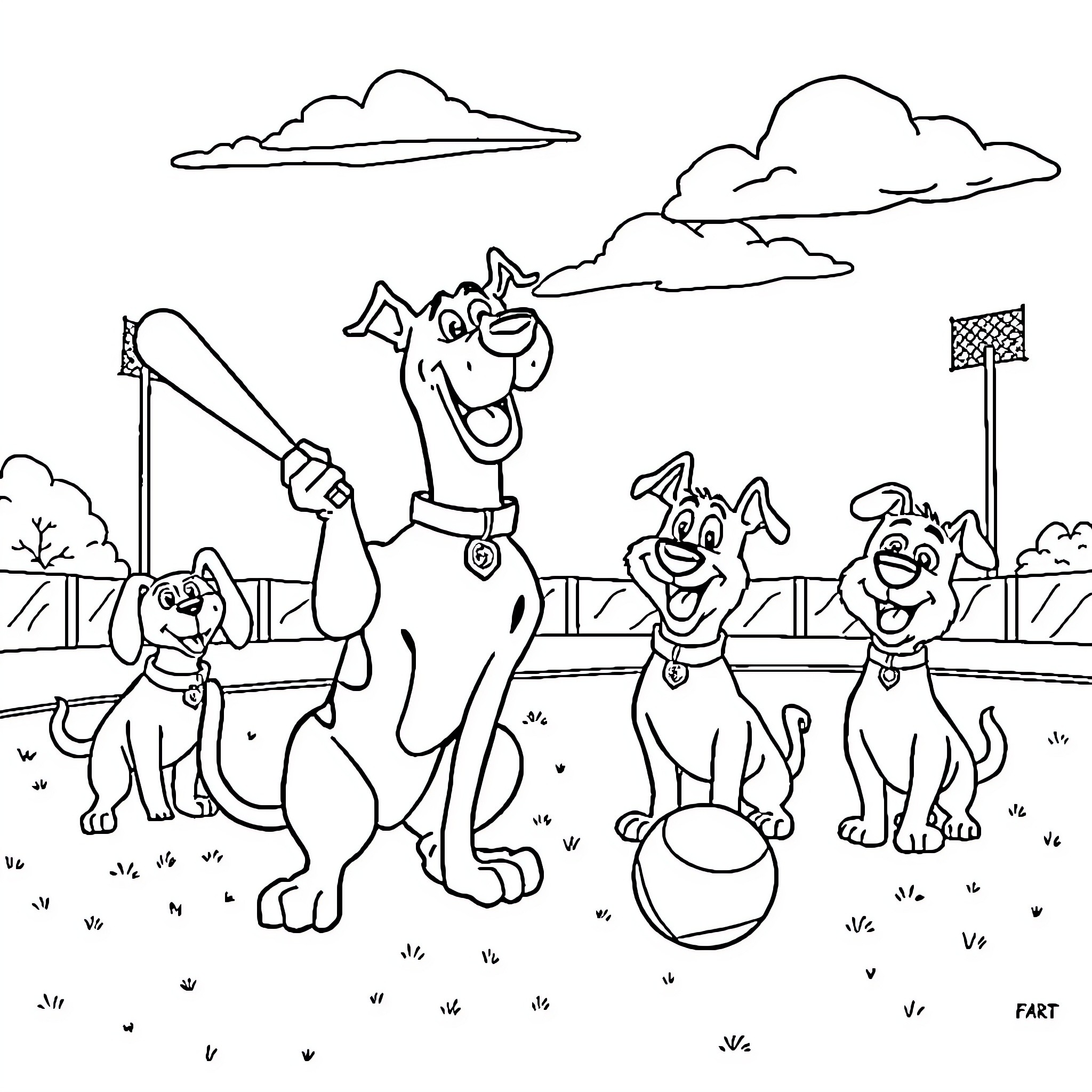 Scooby Doo and friends playing at the park Coloring Page (free black-and-white line drawing printable PDF for all, from beginners to advanced learners, including children, teens, adults, and seniors)