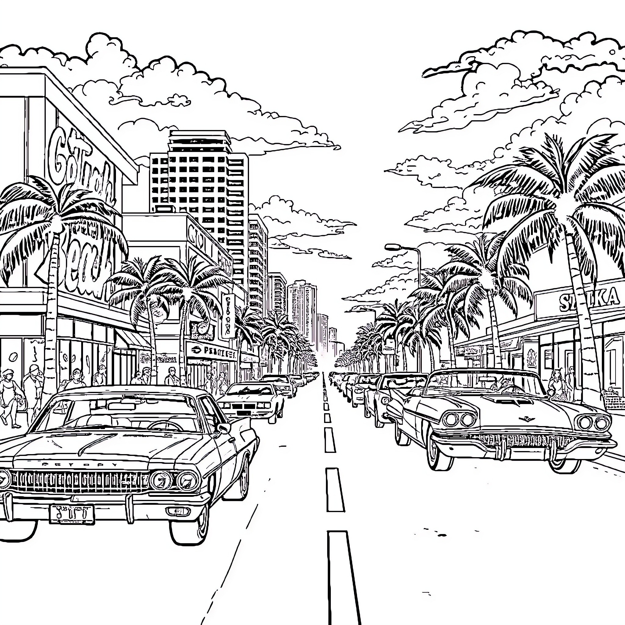 Miami Beach Bustling with Classic Cars and Palm Trees Coloring Page (free black-and-white line drawing printable PDF for all, from beginners to advanced learners, including children, teens, adults, and seniors)