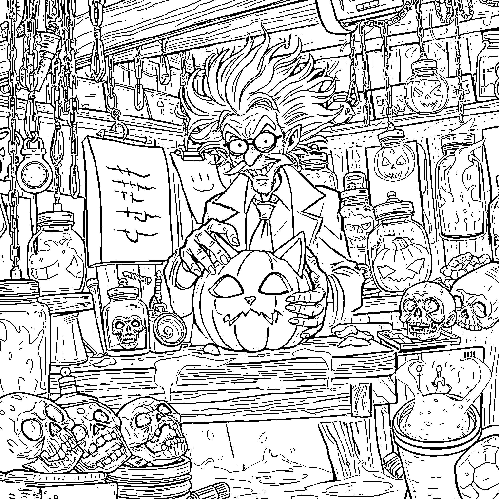 Scientist in a spooky laboratory with Halloween decor Coloring Page (free black-and-white line drawing printable PDF for all, from beginners to advanced learners, including children, teens, adults, and seniors)
