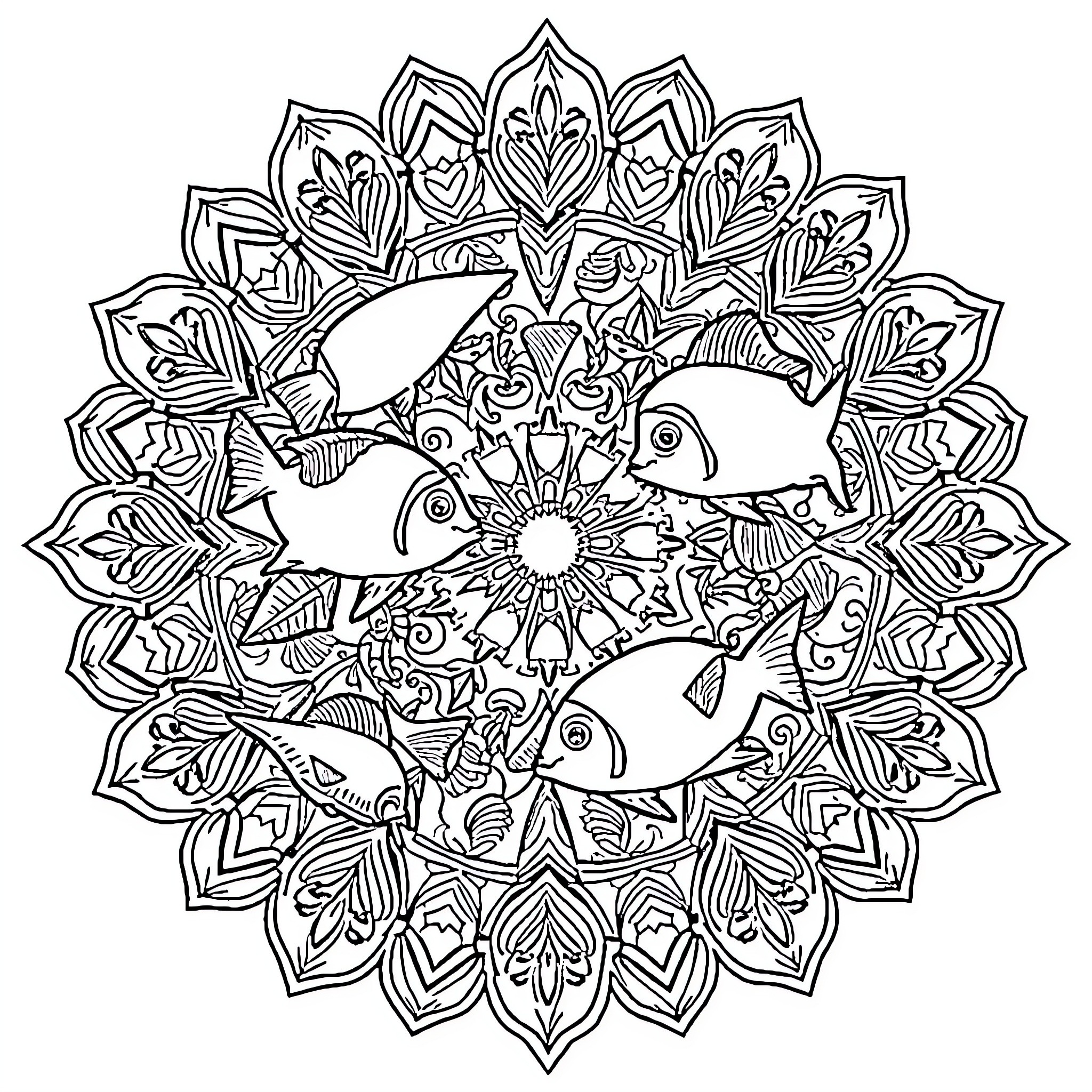 Fish Swimming in Intricate Floral Mandala Coloring Page (free black-and-white line drawing printable PDF for all, from beginners to advanced learners, including children, teens, adults, and seniors)