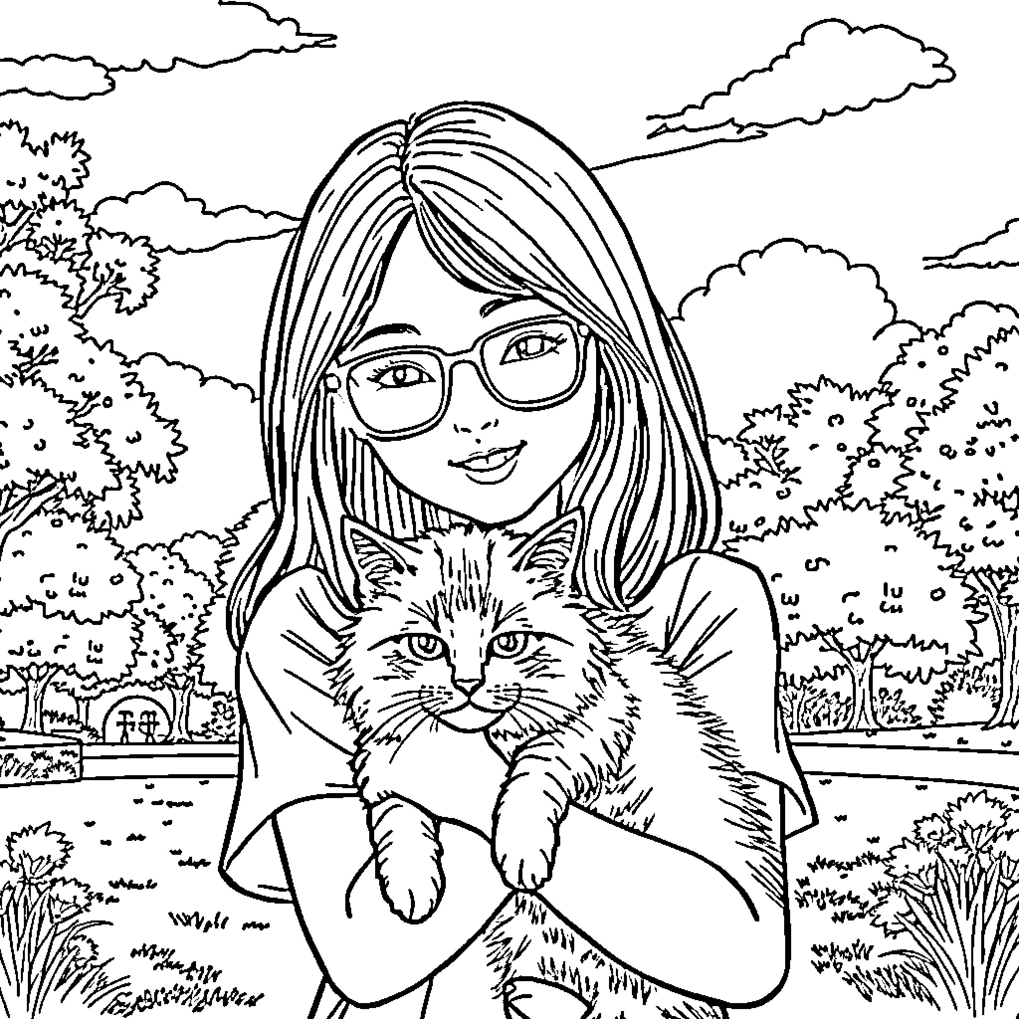 Girl holding a cat in an outdoor setting Coloring Page (free black-and-white line drawing printable PDF for all, from beginners to advanced learners, including children, teens, adults, and seniors)
