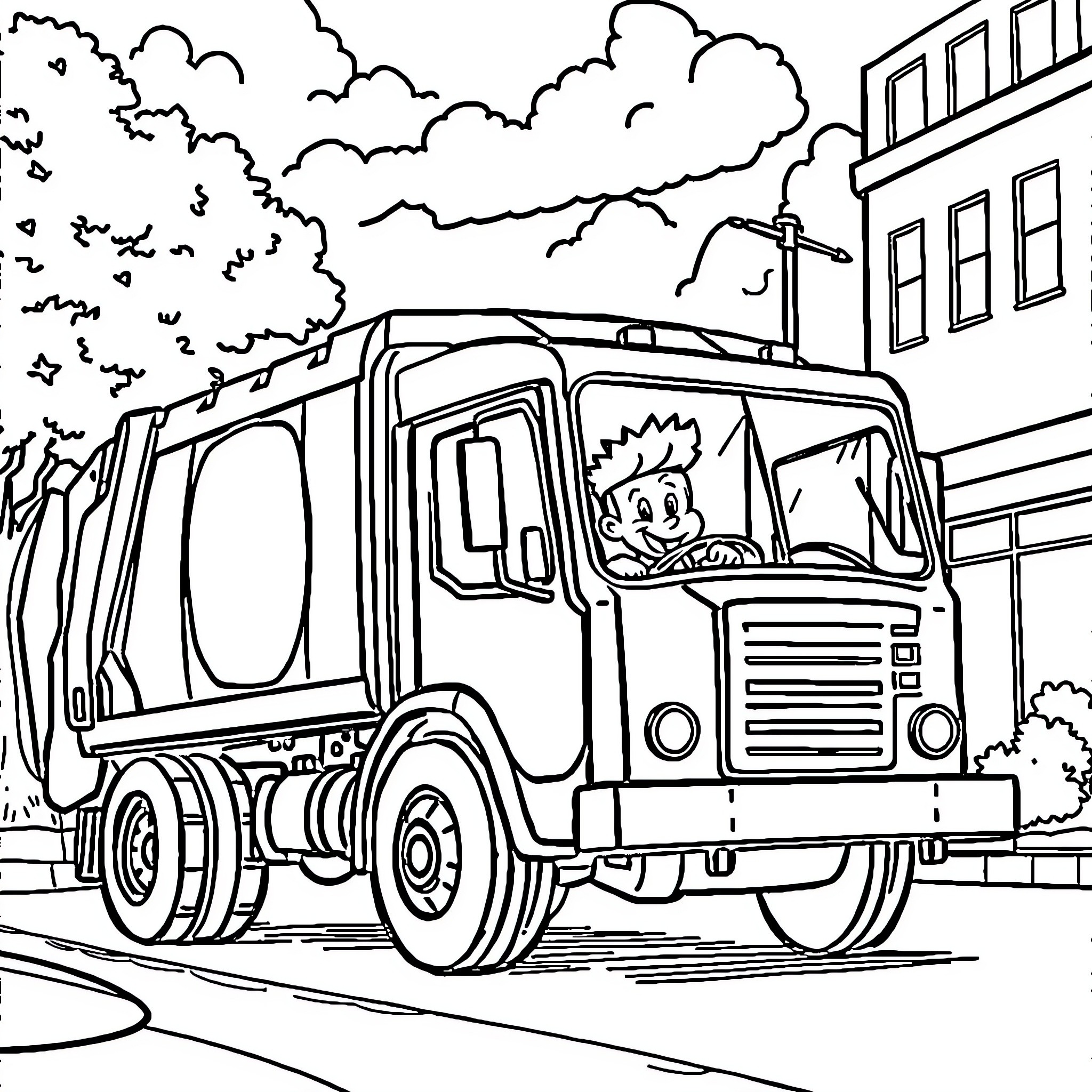 Junie B Jones drives a garbage truck through the city Coloring Page (free black-and-white line drawing printable PDF for all, from beginners to advanced learners, including children, teens, adults, and seniors)