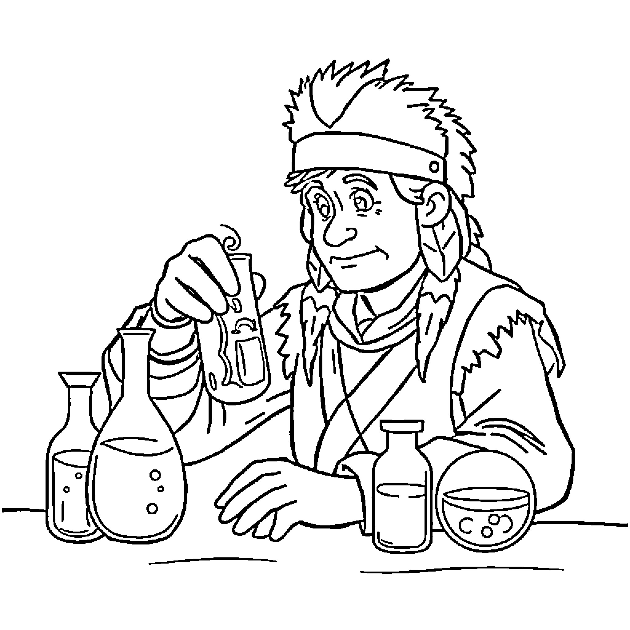Davy Crockett experimenting with scientific glassware Coloring Page (free black-and-white line drawing printable PDF for all, from beginners to advanced learners, including children, teens, adults, and seniors)