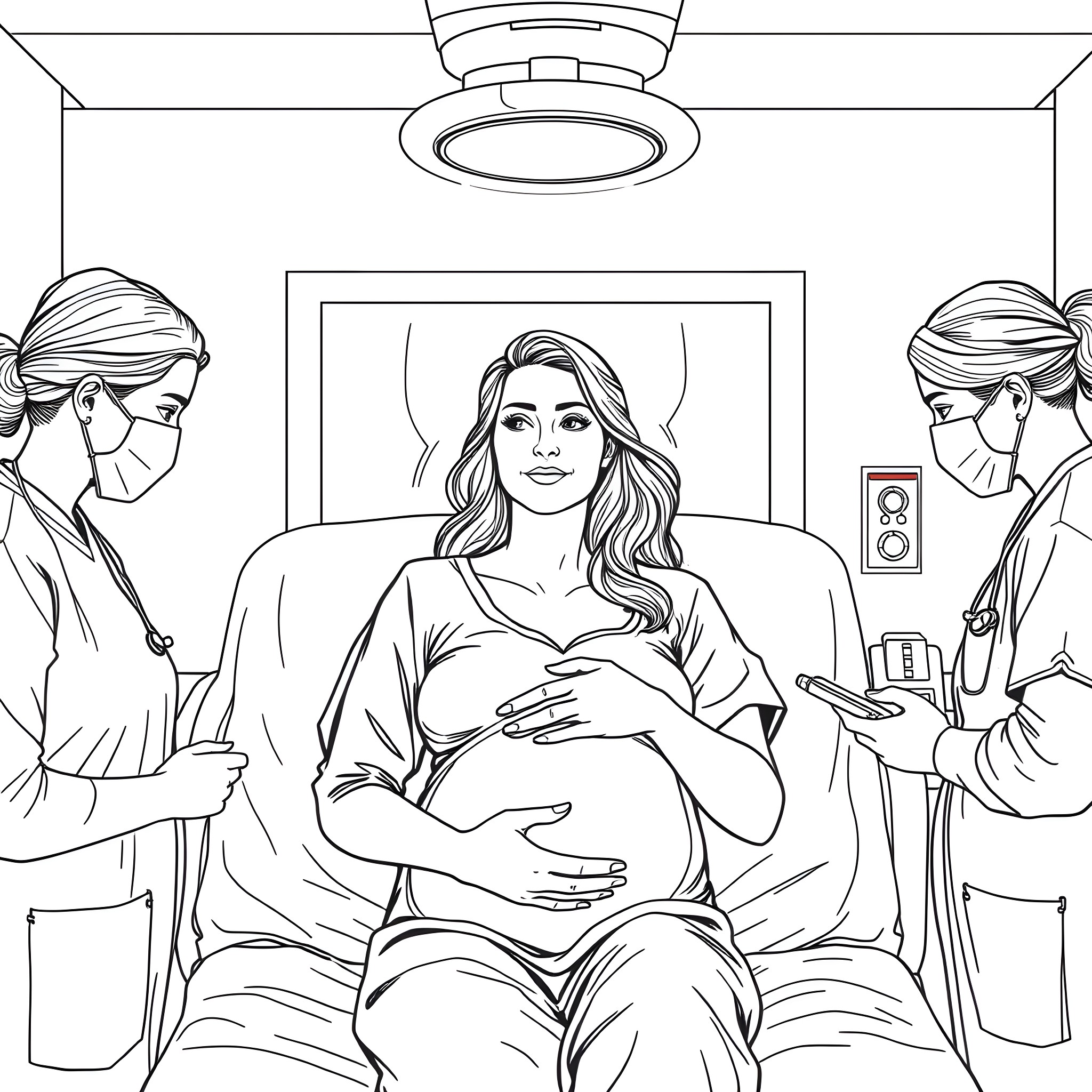 Woman receiving medical care during pregnancy Coloring Page (free black-and-white line drawing printable PDF for all, from beginners to advanced learners, including children, teens, adults, and seniors)