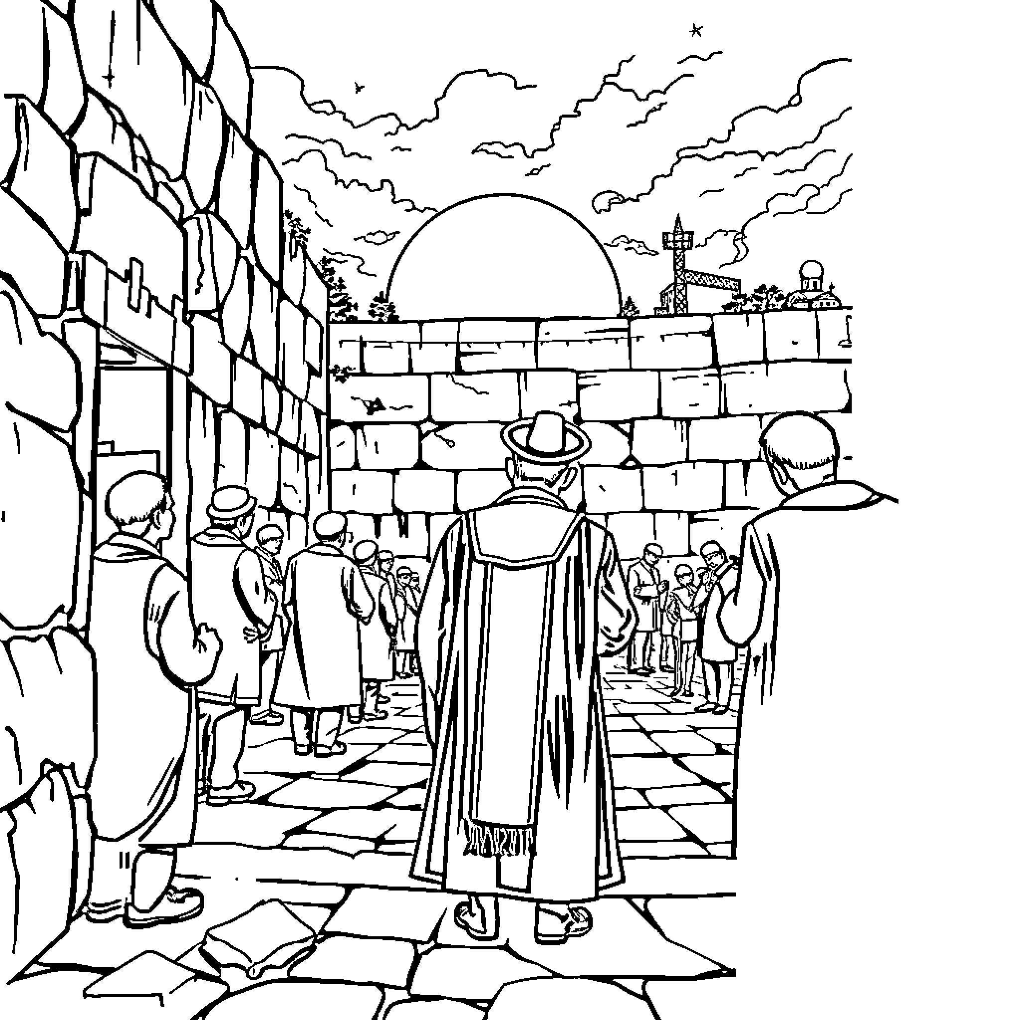 Chosid group walking through walled city at night Coloring Page (free black-and-white line drawing printable PDF for all, from beginners to advanced learners, including children, teens, adults, and seniors)