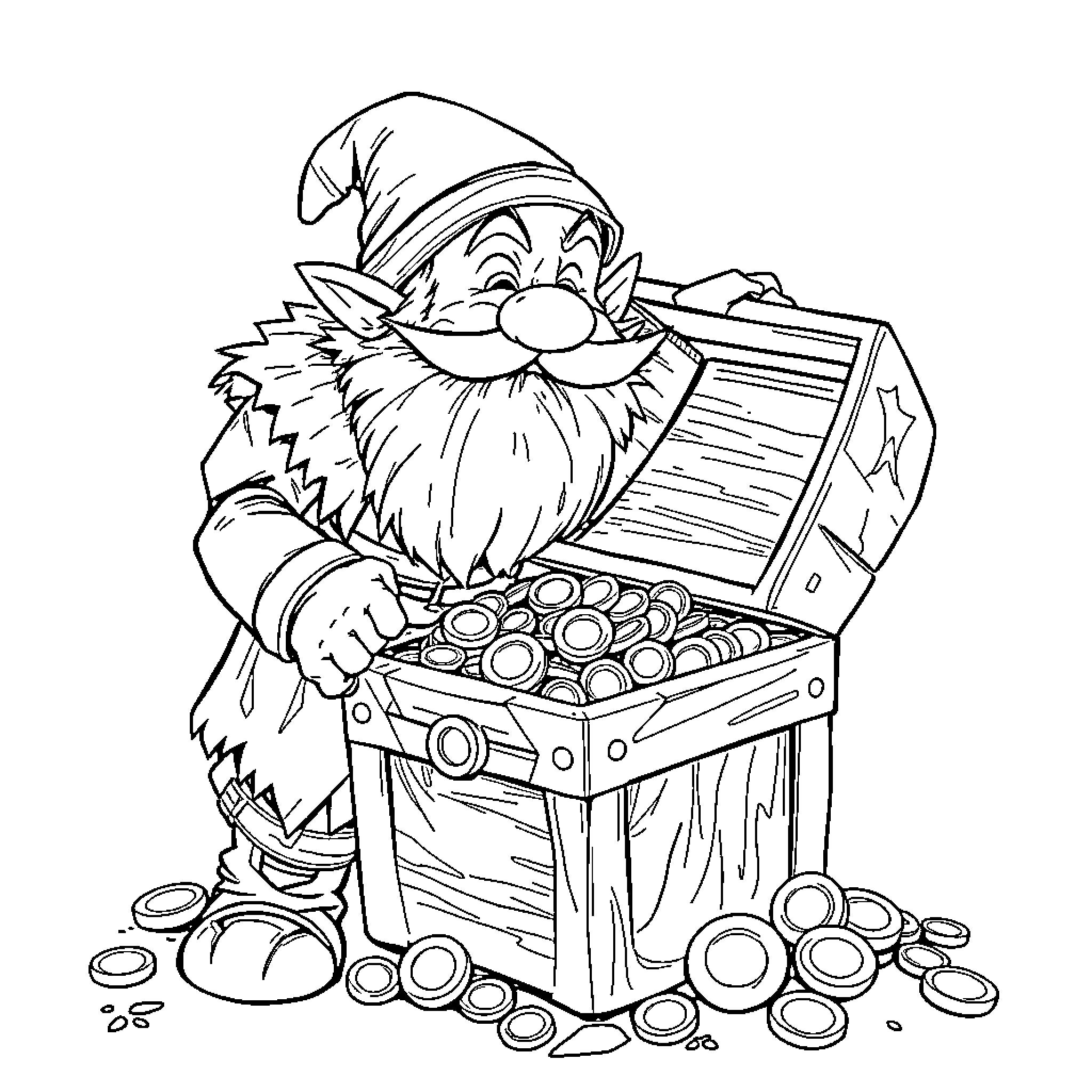 Dwarf with treasure chest full of coins Coloring Page (free black-and-white line drawing printable PDF for all, from beginners to advanced learners, including children, teens, adults, and seniors)