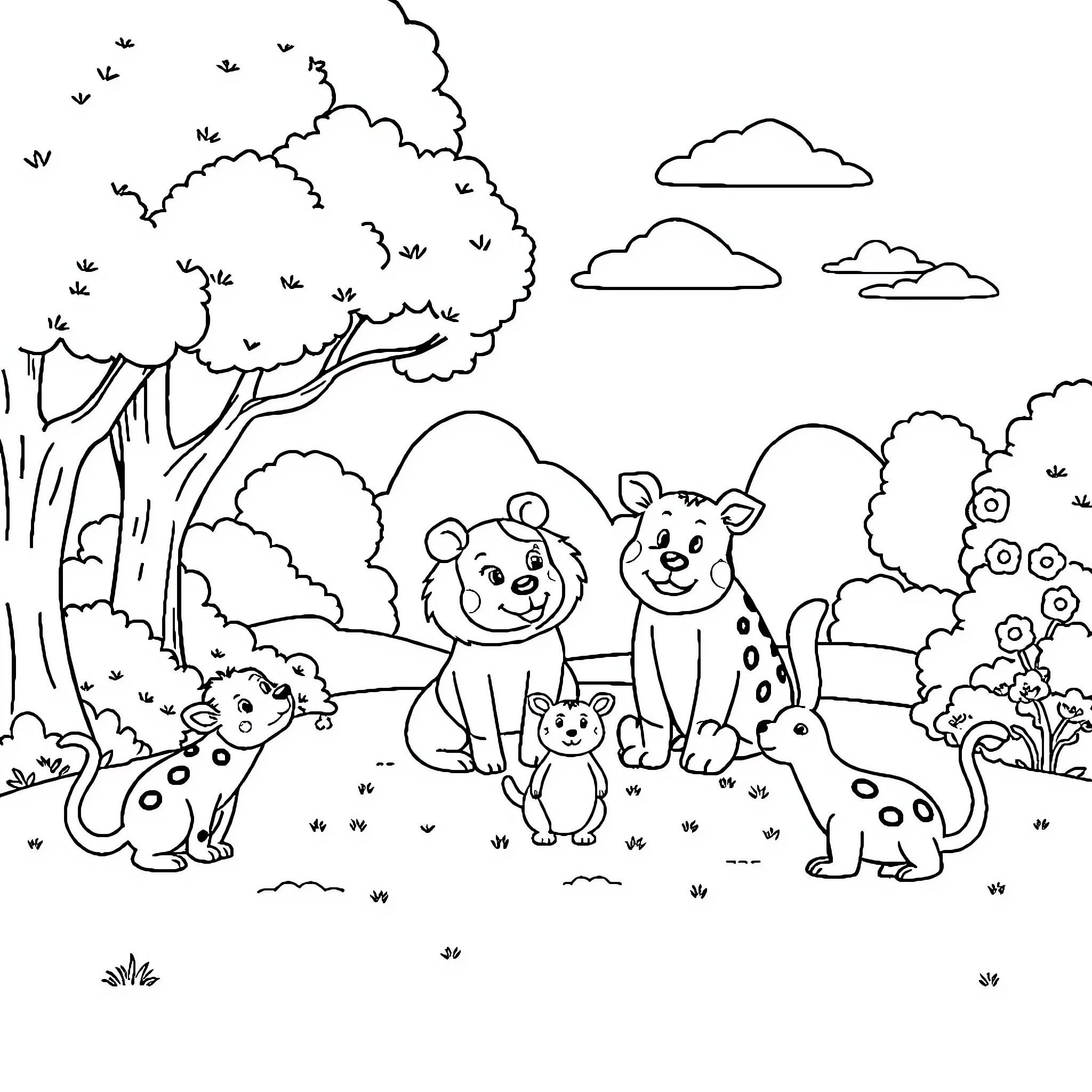 Animal family playing happily in the forest Coloring Page (free black-and-white line drawing printable PDF for all, from beginners to advanced learners, including children, teens, adults, and seniors)