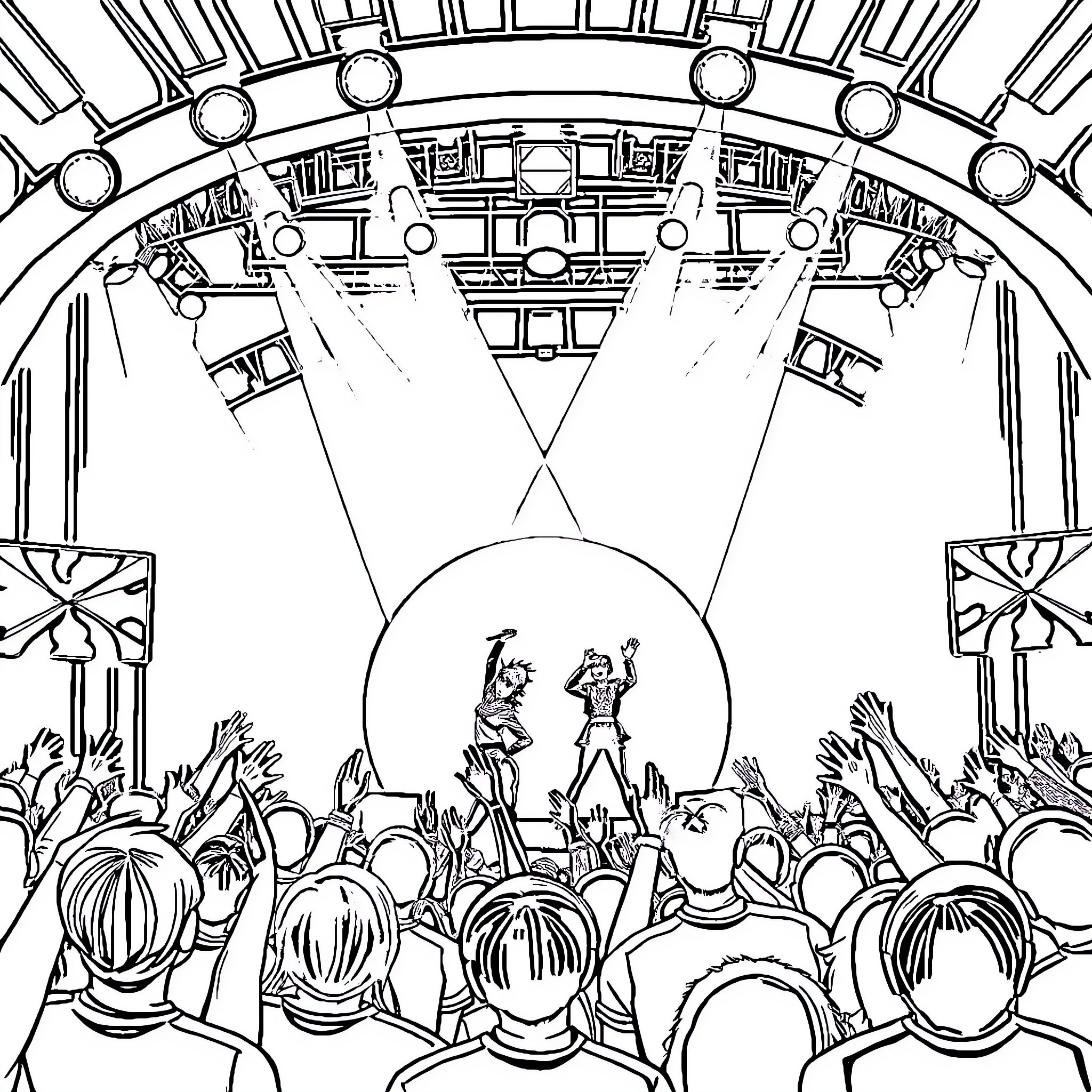 Kpop Concert with Enthusiastic Fans Coloring Page (free black-and-white line drawing printable PDF for all, from beginners to advanced learners, including children, teens, adults, and seniors)