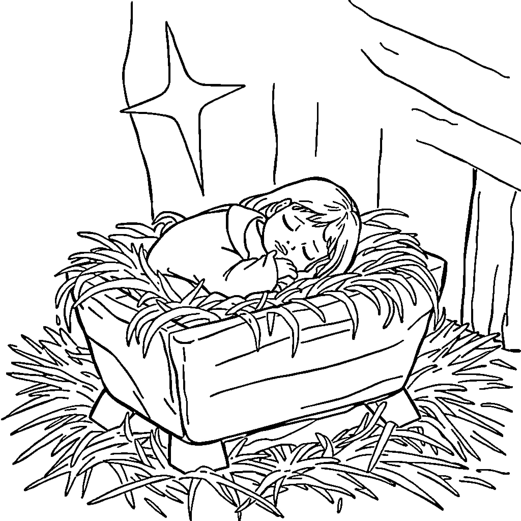 Jesus resting peacefully in the manger Coloring Page (free black-and-white line drawing printable PDF for all, from beginners to advanced learners, including children, teens, adults, and seniors)