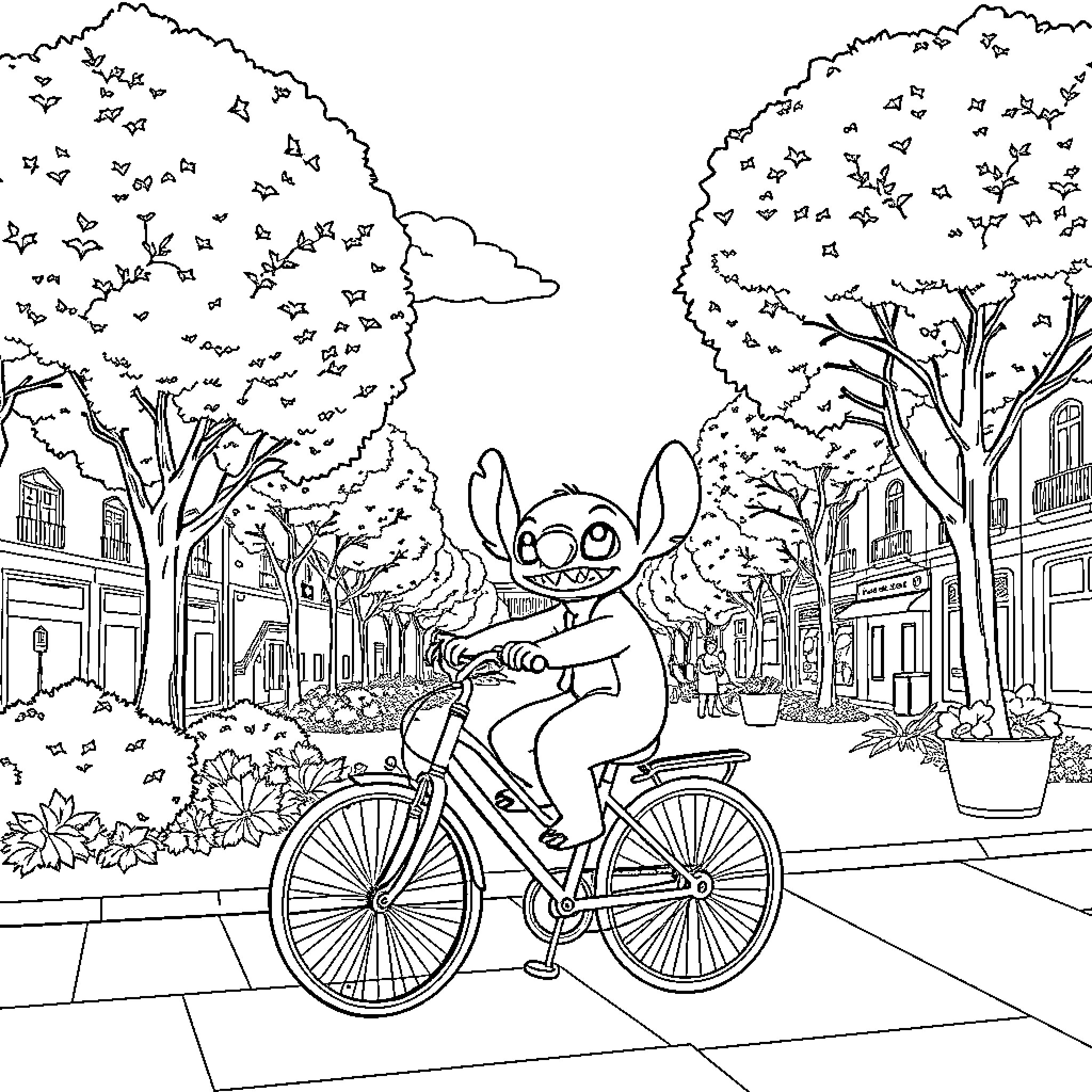 Stitch riding a bicycle through a city street Coloring Page (free black-and-white line drawing printable PDF for all, from beginners to advanced learners, including children, teens, adults, and seniors)