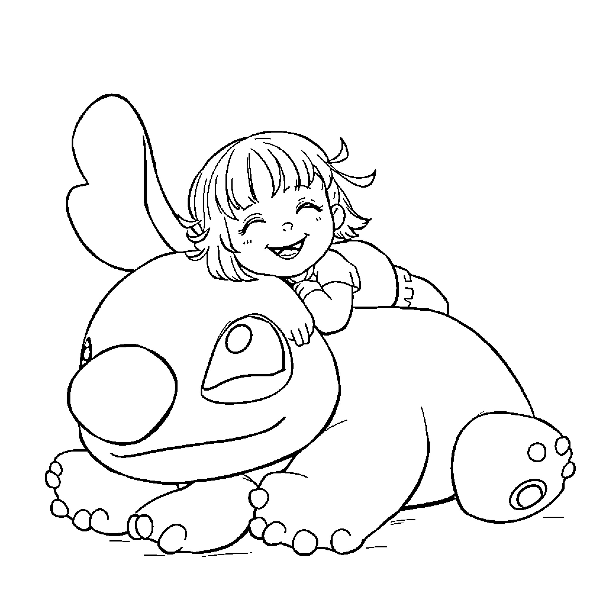 Girl hugging a cute monster toy Coloring Page (free black-and-white line drawing printable PDF for all, from beginners to advanced learners, including children, teens, adults, and seniors)