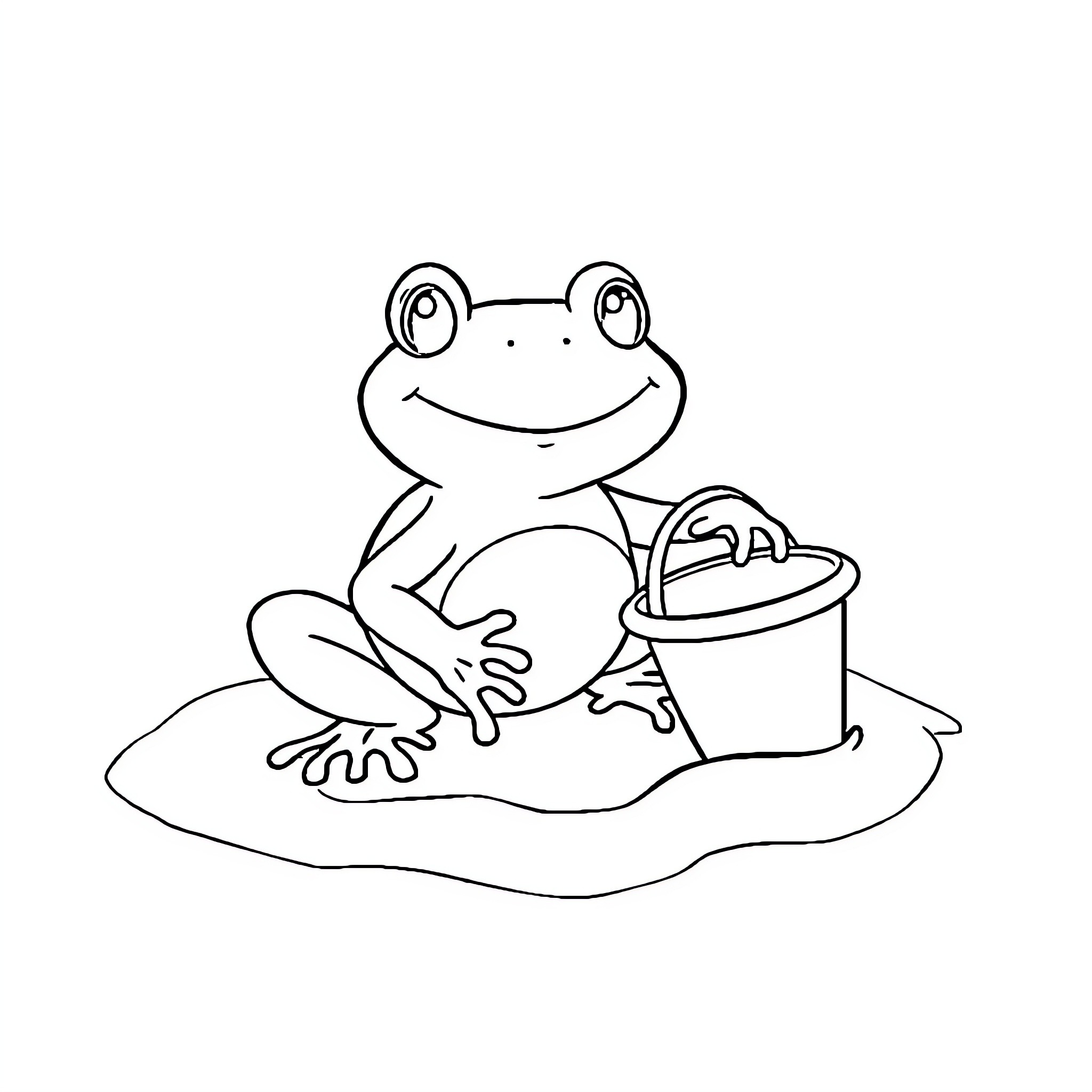Frog playing with toys on the ground Coloring Page (free black-and-white line drawing printable PDF for all, from beginners to advanced learners, including children, teens, adults, and seniors)