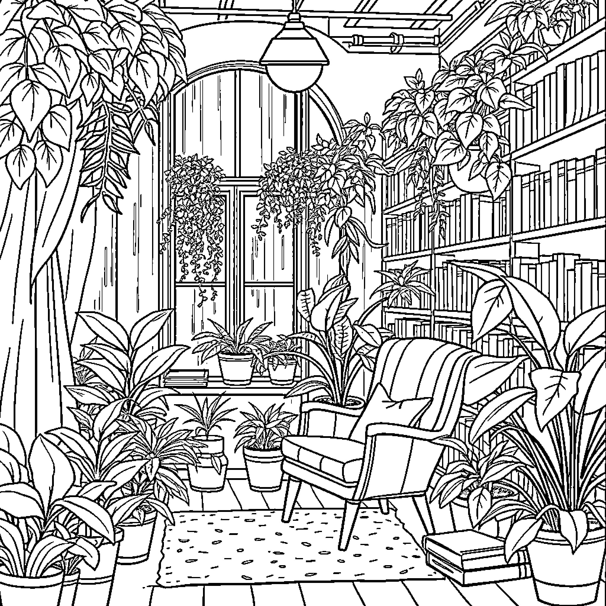 Library of Lush Greenery and Cozy Seating Coloring Page (free black-and-white line drawing printable PDF for all, from beginners to advanced learners, including children, teens, adults, and seniors)