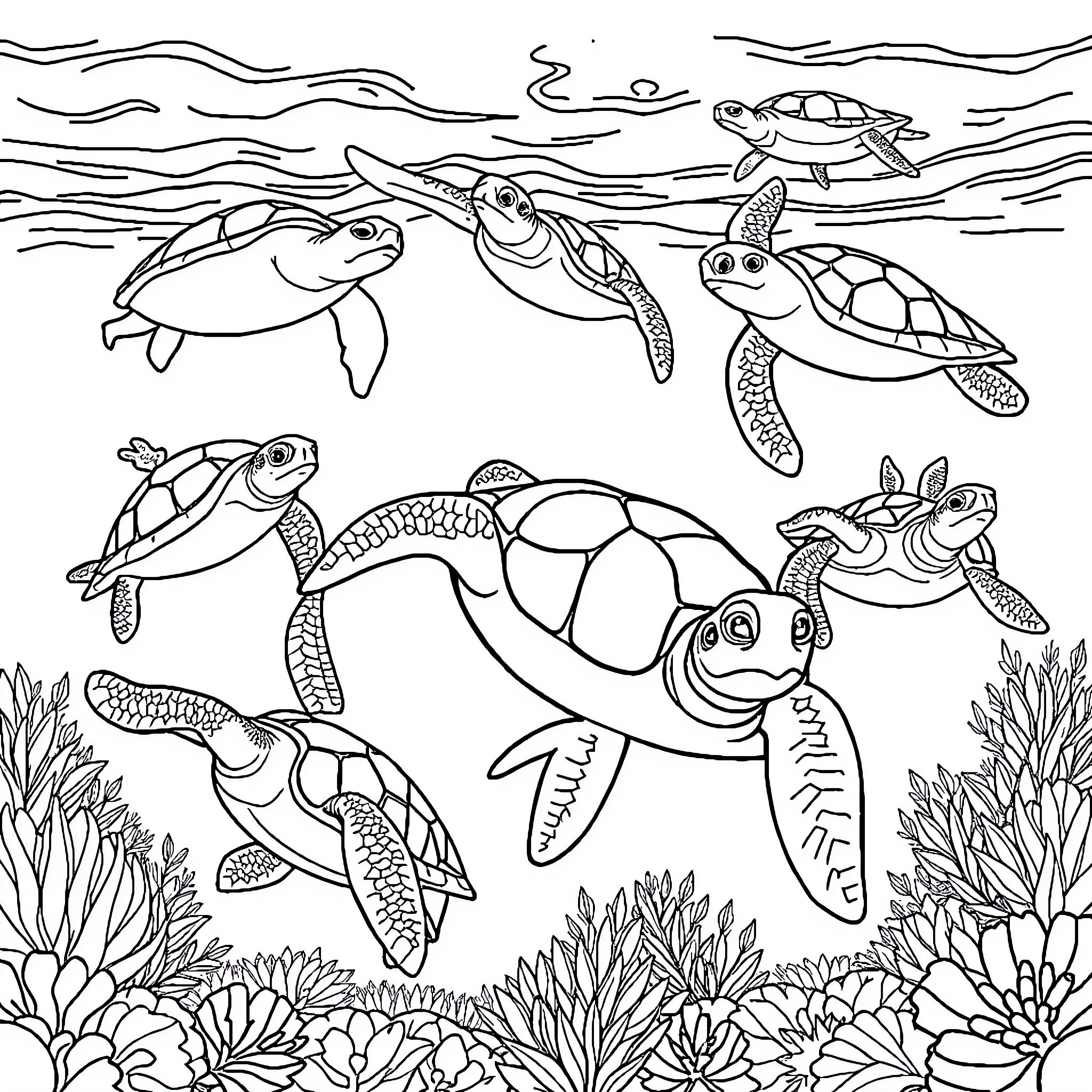 Sea Turtles Swimming Playfully in the Ocean Coloring Page (free black-and-white line drawing printable PDF for all, from beginners to advanced learners, including children, teens, adults, and seniors)