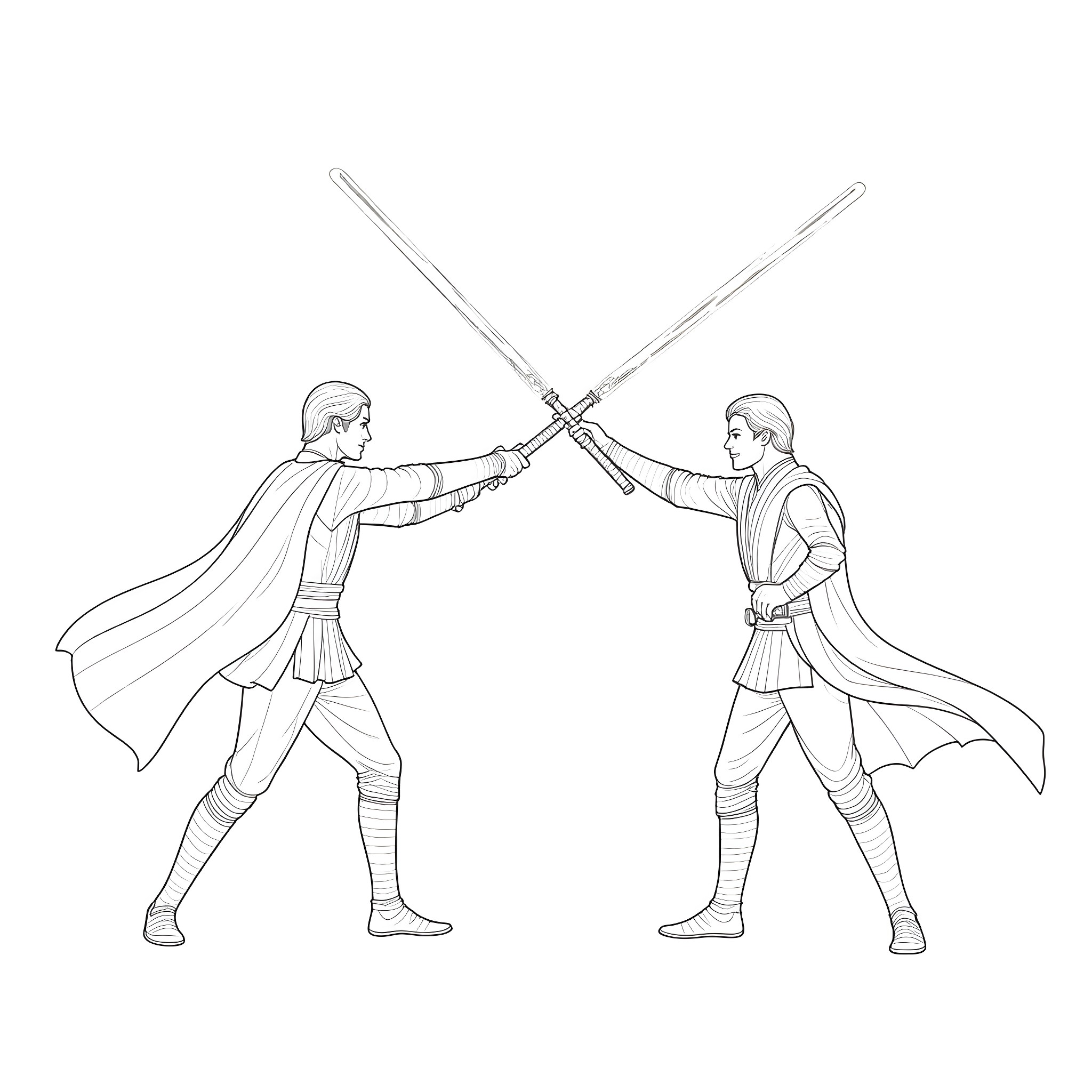 Jedi Knights Engaged in Lightsaber Duel Coloring Page (free black-and-white line drawing printable PDF for all, from beginners to advanced learners, including children, teens, adults, and seniors)
