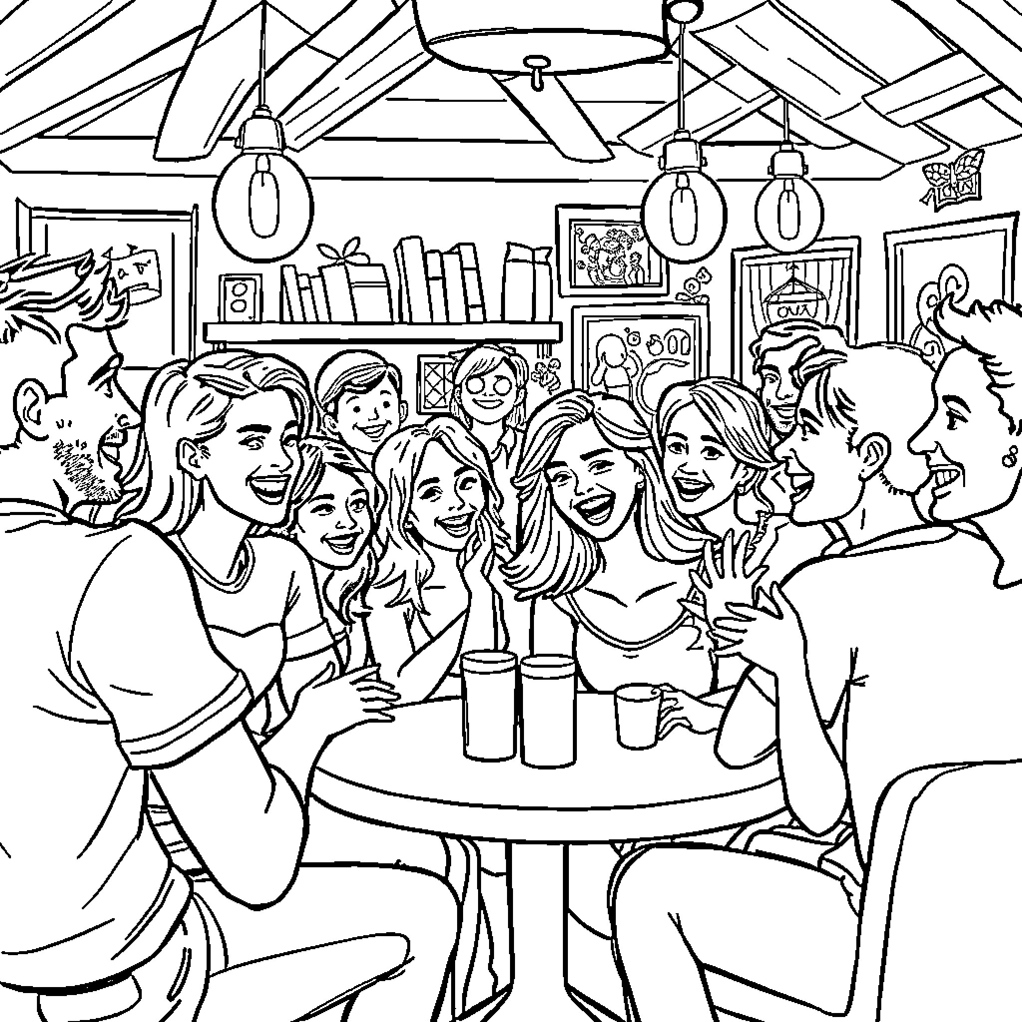 House filled with joyful friends gathering together Coloring Page (free black-and-white line drawing printable PDF for all, from beginners to advanced learners, including children, teens, adults, and seniors)