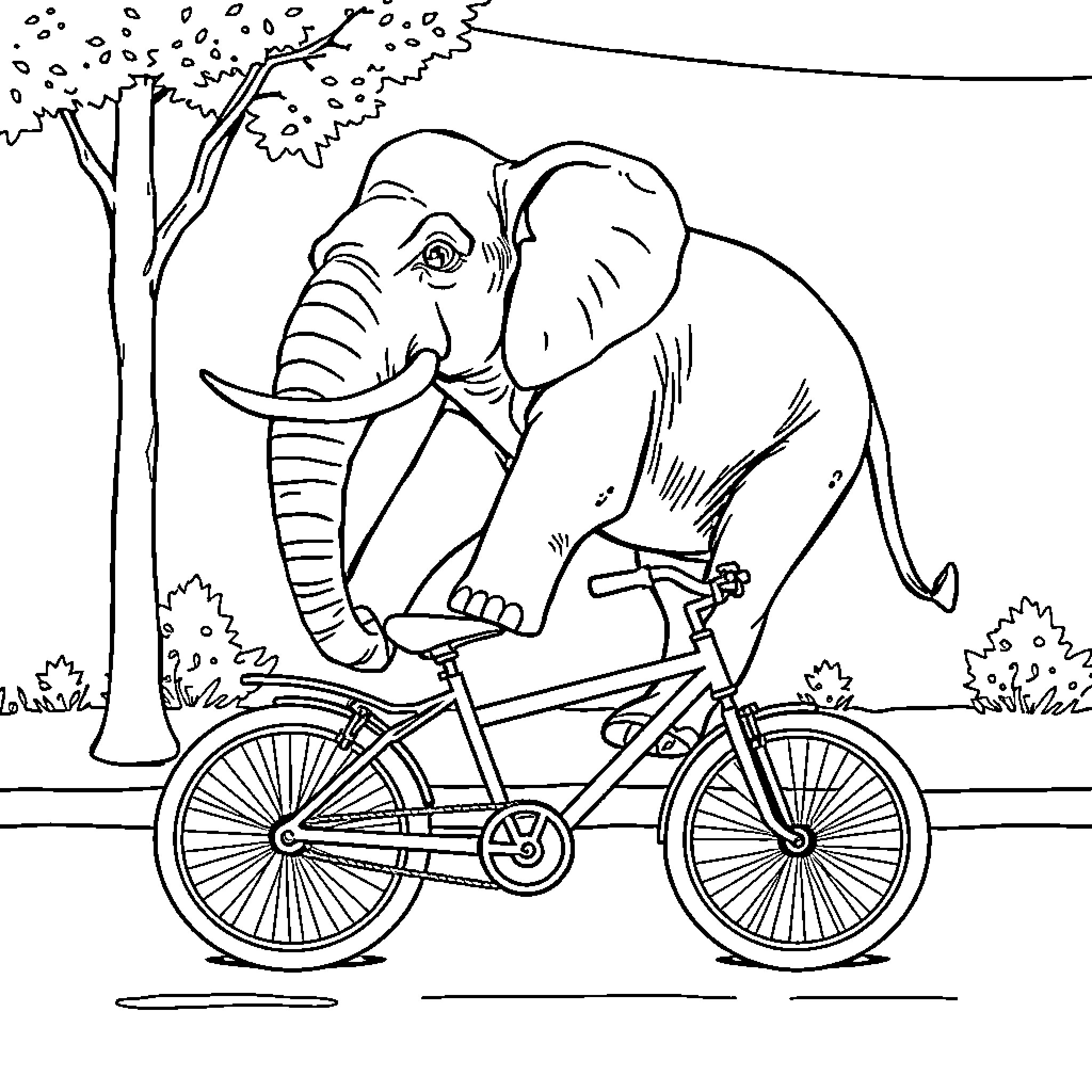 Elephant riding a bicycle in the park Coloring Page (free black-and-white line drawing printable PDF for all, from beginners to advanced learners, including children, teens, adults, and seniors)