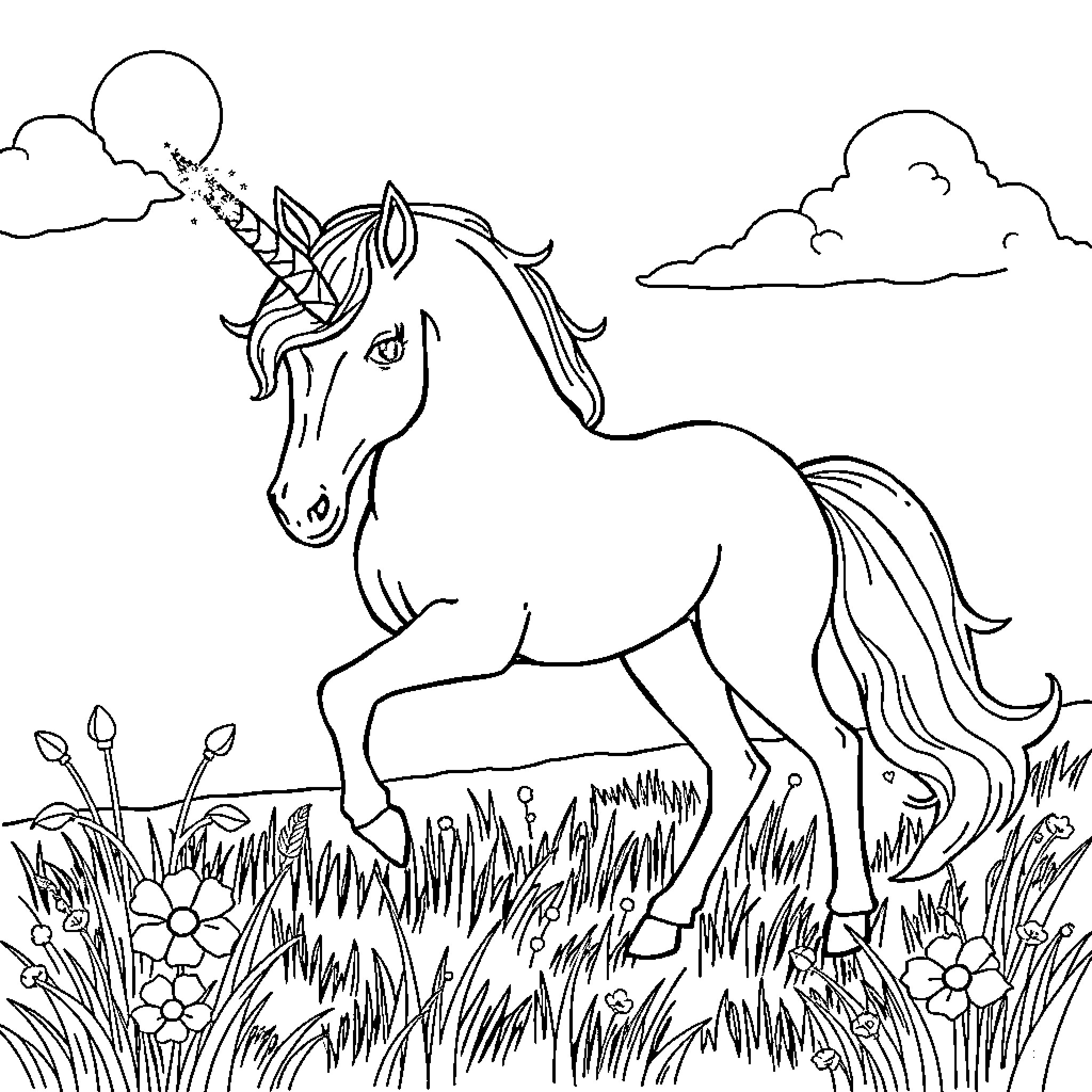 Unicorn standing in a meadow with clouds Coloring Page (free black-and-white line drawing printable PDF for all, from beginners to advanced learners, including children, teens, adults, and seniors)