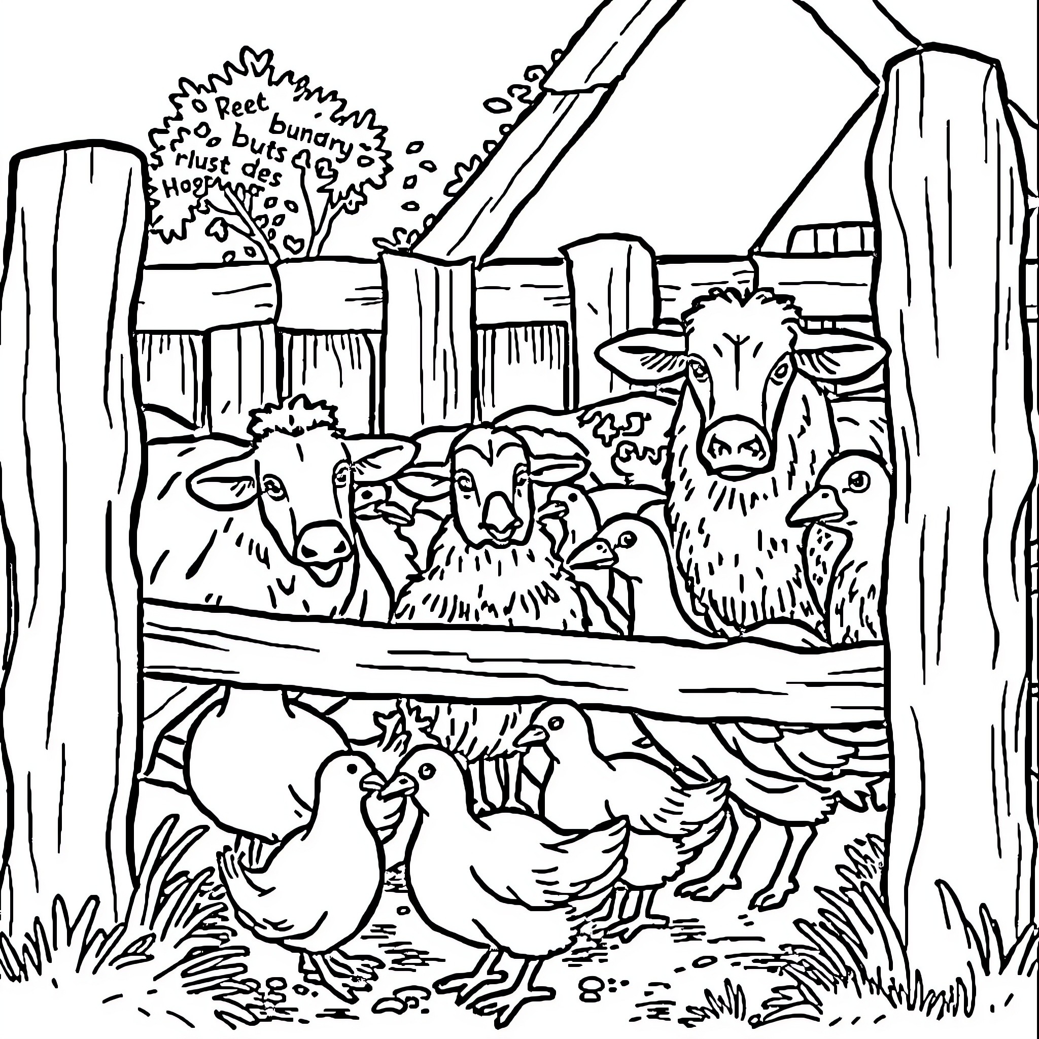 Animal farm scene with various livestock Coloring Page (free black-and-white line drawing printable PDF for all, from beginners to advanced learners, including children, teens, adults, and seniors)