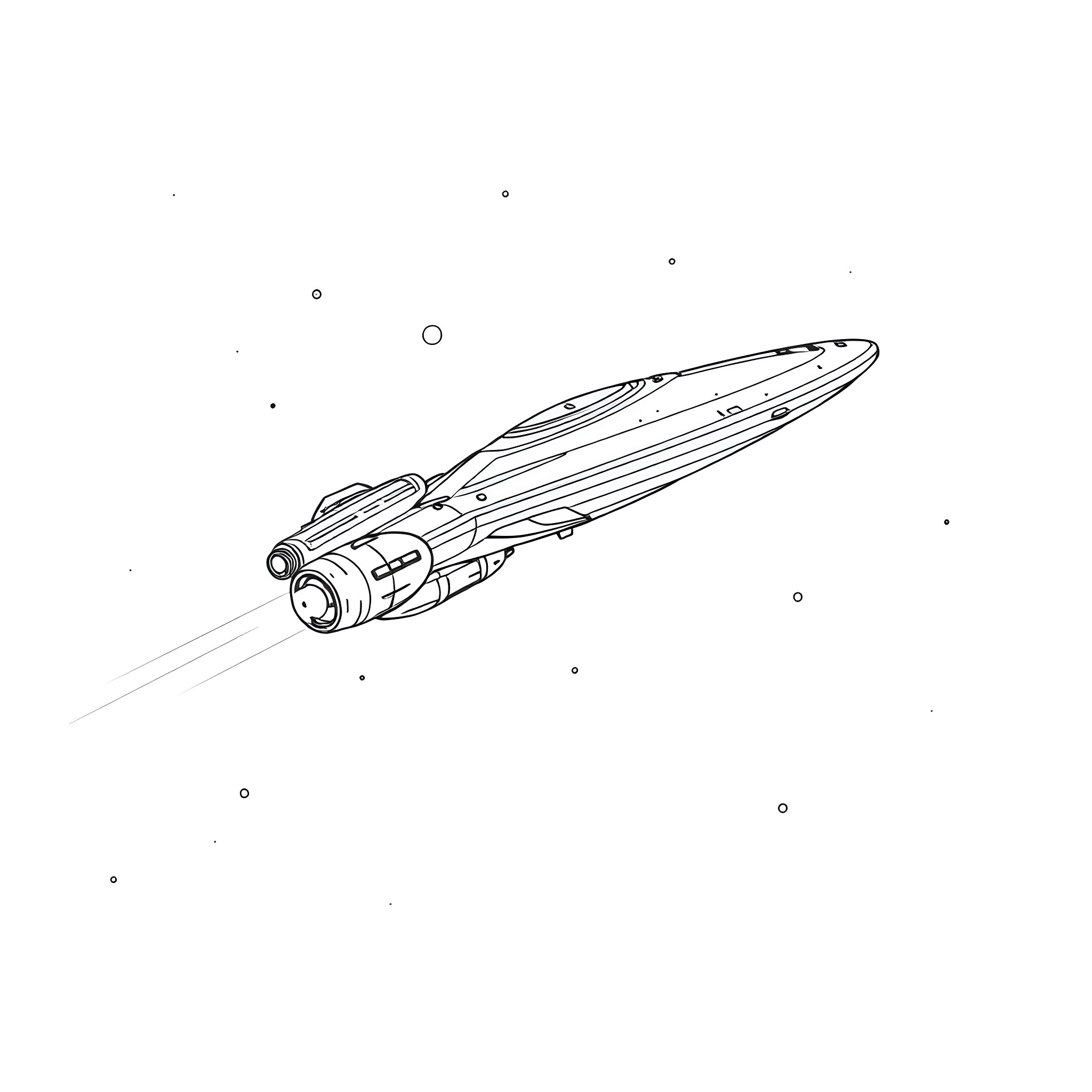 Spaceship speeding through cosmic landscape Coloring Page (free black-and-white line drawing printable PDF for all, from beginners to advanced learners, including children, teens, adults, and seniors)