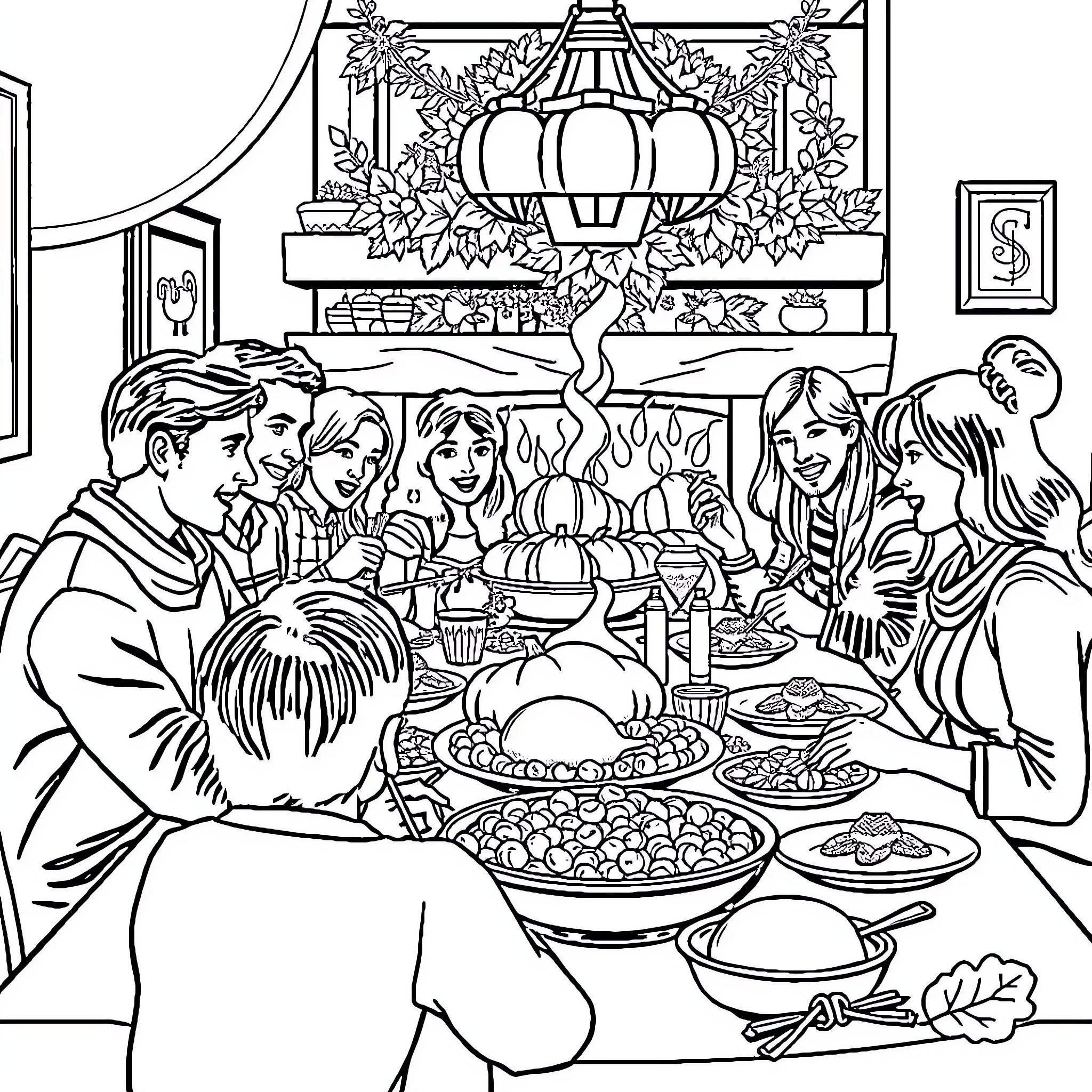Thanksgiving Family Gathering Around the Table Coloring Page (free black-and-white line drawing printable PDF for all, from beginners to advanced learners, including children, teens, adults, and seniors)